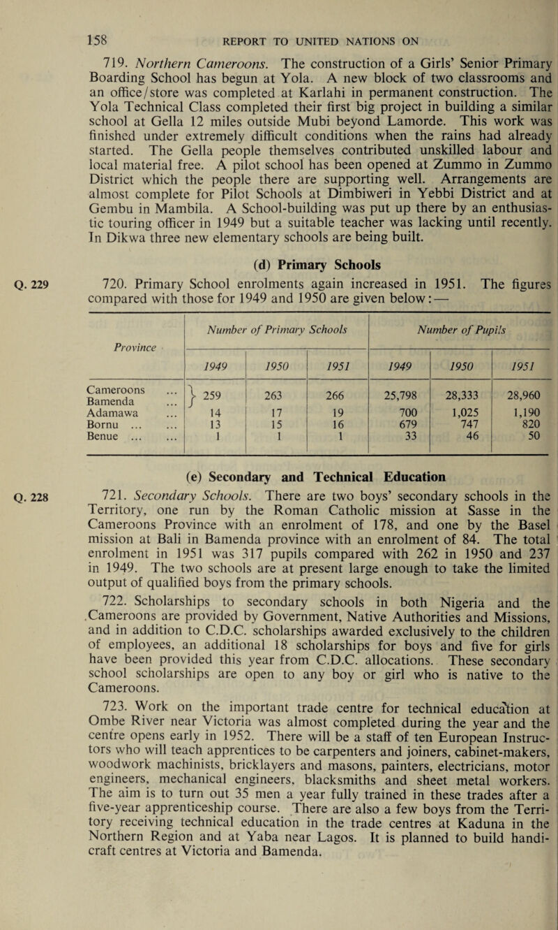 Q. 229 Q. 228 719. Northern Cameroons. The construction of a Girls’ Senior Primary Boarding School has begun at Yola. A new block of two classrooms and an office/store was completed at Karlahi in permanent construction. The Yola Technical Class completed their first big project in building a similar school at Gella 12 miles outside Mubi beyond Lamorde. This work was finished under extremely difficult conditions when the rains had already started. The Gella people themselves contributed unskilled labour and local material free. A pilot school has been opened at Zummo in Zummo District which the people there are supporting well. Arrangements are almost complete for Pilot Schools at Dimbiweri in Yebbi District and at Gembu in Mambila. A School-building was put up there by an enthusias¬ tic touring officer in 1949 but a suitable teacher was lacking until recently. In Dikwa three new elementary schools are being built. (d) Primary Schools 720. Primary School enrolments again increased in 1951. The figures compared with those for 1949 and 1950 are given below: — Number of Primary Schools Number of Pupils Province 1949 1950 1951 1949 1950 1951 Cameroons Bamenda X / 259 263 266 25,798 28,333 28,960 Adamawa 14 17 19 700 1,025 1,190 Bornu ... 13 15 16 679 747 820 Benue . 1 1 33 46 50 (e) Secondary and Technical Education 721. Secondary Schools. There are two boys’ secondary schools in the Territory, one run by the Roman Catholic mission at Sasse in the Cameroons Province with an enrolment of 178, and one by the Basel mission at Bali in Bamenda province with an enrolment of 84. The total enrolment in 1951 was 317 pupils compared with 262 in 1950 and 237 in 1949. The two schools are at present large enough to take the limited output of qualified boys from the primary schools. 722. Scholarships to secondary schools in both Nigeria and the .Cameroons are provided by Government, Native Authorities and Missions, and in addition to C.D.C. scholarships awarded exclusively to the children of employees, an additional 18 scholarships for boys and five for girls have been provided this year from C.D.C. allocations. These secondary school scholarships are open to any boy or girl who is native to the Cameroons. 723. Work on the important trade centre for technical education at Ombe River near Victoria was almost completed during the year and the centre opens early in 1952. There will be a staff of ten European Instruc¬ tors who will teach apprentices to be carpenters and joiners, cabinet-makers, woodwork machinists, bricklayers and masons, painters, electricians, motor engineers, mechanical engineers, blacksmiths and sheet metal workers. The aim is to turn out 35 men a year fully trained in these trades after a five-year apprenticeship course. There are also a few boys from the Terri¬ tory receiving technical education in the trade centres at Kaduna in the Northern Region and at Yaba near Lagos. It is planned to build handi¬ craft centres at Victoria and Bamenda.