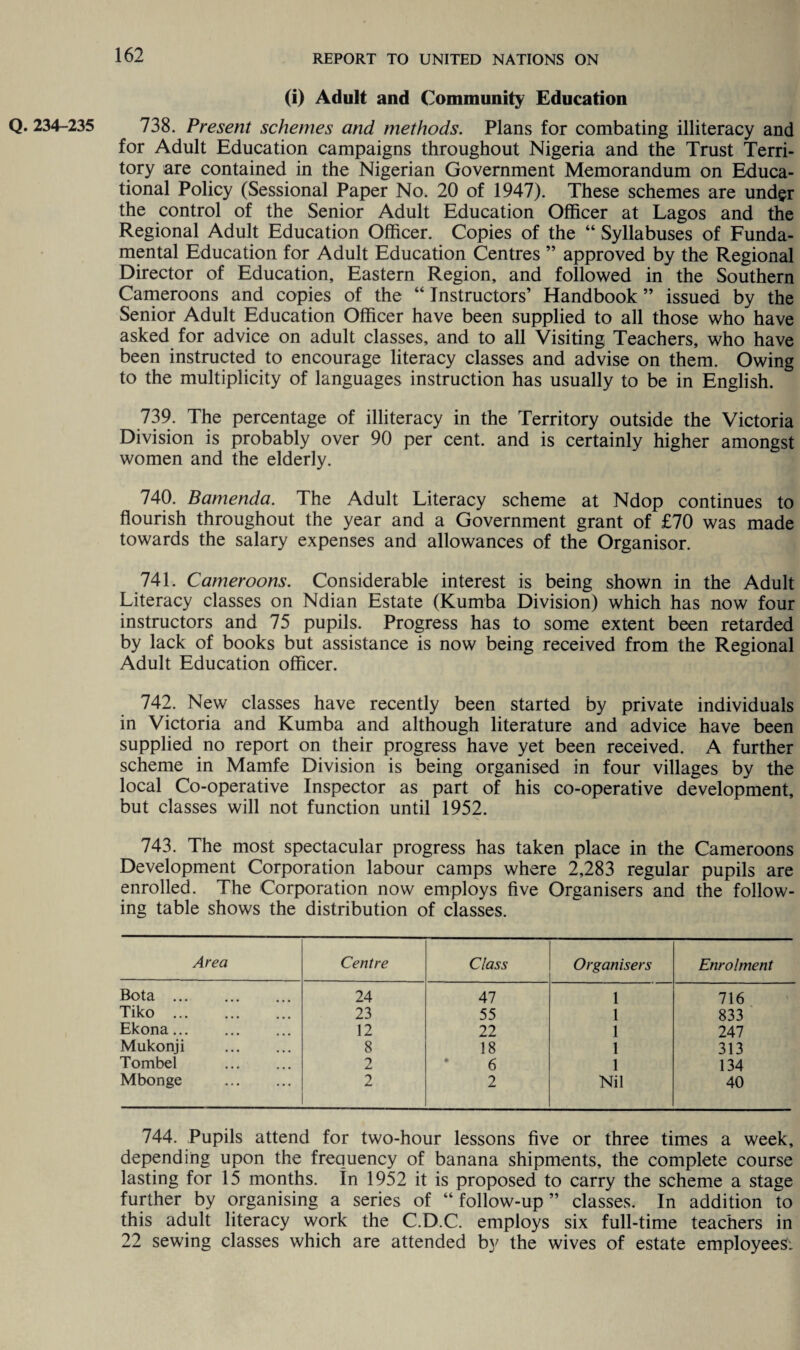 (i) Adult and Community Education Q. 234-235 738. Present schemes and methods. Plans for combating illiteracy and for Adult Education campaigns throughout Nigeria and the Trust Terri¬ tory are contained in the Nigerian Government Memorandum on Educa¬ tional Policy (Sessional Paper No. 20 of 1947). These schemes are und$r the control of the Senior Adult Education Officer at Lagos and the Regional Adult Education Officer. Copies of the “ Syllabuses of Funda¬ mental Education for Adult Education Centres ” approved by the Regional Director of Education, Eastern Region, and followed in the Southern Cameroons and copies of the “ Instructors’ Handbook ” issued by the Senior Adult Education Officer have been supplied to all those who have asked for advice on adult classes, and to all Visiting Teachers, who have been instructed to encourage literacy classes and advise on them. Owing to the multiplicity of languages instruction has usually to be in English. 739. The percentage of illiteracy in the Territory outside the Victoria Division is probably over 90 per cent, and is certainly higher amongst women and the elderly. 740. Bamenda. The Adult Literacy scheme at Ndop continues to flourish throughout the year and a Government grant of £70 was made towards the salary expenses and allowances of the Organisor. 741. Cameroons. Considerable interest is being shown in the Adult Literacy classes on Ndian Estate (Kumba Division) which has now four instructors and 75 pupils. Progress has to some extent been retarded by lack of books but assistance is now being received from the Regional Adult Education officer. 742. New classes have recently been started by private individuals in Victoria and Kumba and although literature and advice have been supplied no report on their progress have yet been received. A further scheme in Mamfe Division is being organised in four villages by the local Co-operative Inspector as part of his co-operative development, but classes will not function until 1952. 743. The most spectacular progress has taken place in the Cameroons Development Corporation labour camps where 2,283 regular pupils are enrolled. The Corporation now employs five Organisers and the follow¬ ing table shows the distribution of classes. Area Centre Class Organisers Enrolment Bota. 24 47 1 716 Tiko . 23 55 1 833 Ekona. 12 22 1 247 Mukonji . 8 18 1 313 Tombel . 2 6 1 134 Mbonge . 2 2 Nil 40 744. Pupils attend for two-hour lessons five or three times a week, depending upon the frequency of banana shipments, the complete course lasting for 15 months. In 1952 it is proposed to carry the scheme a stage further by organising a series of “ follow-up ” classes. In addition to this adult literacy work the C.D.C. employs six full-time teachers in 22 sewing classes which are attended by the wives of estate employees: