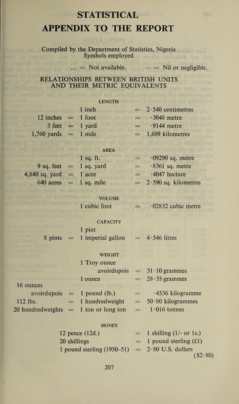 STATISTICAL APPENDIX TO THE REPORT Compiled by the Department of Statistics, Nigeria Symbols employed ... = Not available. — = Nil or negligible. RELATIONSHIPS BETWEEN BRITISH UNITS AND THEIR METRIC EQUIVALENTS 12 inches = 3 feet = 1,760 yards = 9 sq. feet = 4,840 sq. yard = 640 acres = 8 pints = 16 ounces avoirdupois = 112 lbs. = 20 hundredweights = LENGTH 1 inch = 1 foot = 1 yard = 1 mile = AREA 1 sq. ft. = 1 sq. yard = 1 acre = 1 sq. mile = VOLUME 1 cubic foot = CAPACITY 1 pint 1 imperial gallon = WEIGHT 1 Troy ounce avoirdupois = 1 ounce = 1 pound (lb.) = 1 hundredweight = 1 ton or long ton = 2 • 540 centimetres •3048 metre •9144 metre 1,609 kilometres •09290 sq. metre •8361 sq. metre •4047 hectare 2 • 590 sq. kilometres •02832 cubic metre 4*546 litres 31-10 grammes 28 • 35 grammes •4536 kilogramme 50*80 kilogrammes 1-016 tonnes 1 shilling (1/- or Is.) 1 pound sterling (£1) 2-80 U.S. dollars ($2-80) MONEY 12 pence (12d.) = 20 shillings — 1 pound sterling (1950-51) =