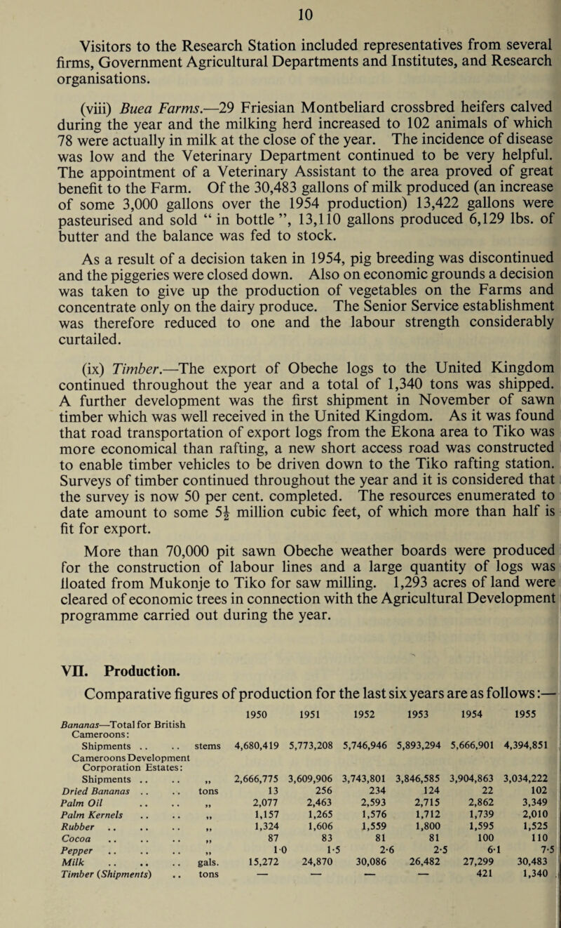 Visitors to the Research Station included representatives from several firms, Government Agricultural Departments and Institutes, and Research organisations. (viii) Buea Farms.—29 Friesian Montbeliard crossbred heifers calved during the year and the milking herd increased to 102 animals of which 78 were actually in milk at the close of the year. The incidence of disease was low and the Veterinary Department continued to be very helpful. The appointment of a Veterinary Assistant to the area proved of great benefit to the Farm. Of the 30,483 gallons of milk produced (an increase of some 3,000 gallons over the 1954 production) 13,422 gallons were pasteurised and sold “ in bottle ”, 13,110 gallons produced 6,129 lbs. of butter and the balance was fed to stock. As a result of a decision taken in 1954, pig breeding was discontinued and the piggeries were closed down. Also on economic grounds a decision was taken to give up the production of vegetables on the Farms and concentrate only on the dairy produce. The Senior Service establishment was therefore reduced to one and the labour strength considerably curtailed. (ix) Timber.—The export of Obeche logs to the United Kingdom continued throughout the year and a total of 1,340 tons was shipped. A further development was the first shipment in November of sawn timber which was well received in the United Kingdom. As it was found that road transportation of export logs from the Ekona area to Tiko was more economical than rafting, a new short access road was constructed to enable timber vehicles to be driven down to the Tiko rafting station. Surveys of timber continued throughout the year and it is considered that the survey is now 50 per cent, completed. The resources enumerated to date amount to some 5| million cubic feet, of which more than half is fit for export. More than 70,000 pit sawn Obeche weather boards were produced for the construction of labour lines and a large quantity of logs was lloated from Mukonje to Tiko for saw milling. 1,293 acres of land were cleared of economic trees in connection with the Agricultural Development programme carried out during the year. VII. Production. Comparative figures of production for the last six years are as follows:— Bananas—Total for British Cameroons: Shipments .. .. stems 1950 4,680,419 1951 5,773,208 1952 5,746,946 1953 5,893,294 1954 5,666,901 1955 4,394,851 Cameroons Development Corporation Estates: Shipments .. • • 99 2,666,775 3,609,906 3,743,801 3,846,585 3,904,863 3,034,222 Dried Bananas .. .. tons 13 256 234 124 22 102 Palm Oil • • 99 2,077 2,463 2,593 2,715 2,862 3,349 Palm Kernels • • »» 1,157 1,265 1,576 1,712 1,739 2,010 Rubber • • 99 1,324 1,606 1,559 1,800 1,595 1,525 Cocoa • • 99 87 83 81 81 100 110 Pepper • • 99 10 1-5 2-6 2-5 61 7-5 Milk .. gals. 15,272 24,870 30,086 26,482 27,299 30,483 Timber (Shipments) .. tons 421 1,340 .