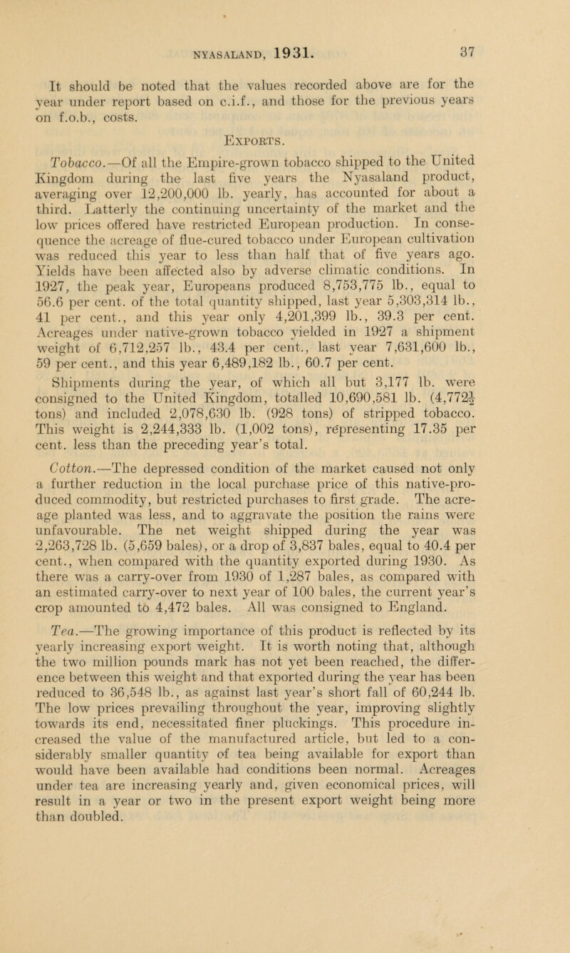 It should be noted that the values recorded above are for the year under report based on c.i.f., and those for the previous years on f.o.b., costs. Exports. Tobacco.—Of all the Empire-grown tobacco shipped to the United Kingdom during the last five years the Nyasaland product, averaging over 12,200,000 lb. yearly, has accounted for about a third. Latterly the continuing uncertainty of the market and the low prices offered have restricted European production. In conse¬ quence the acreage of flue-cured tobacco under European cultivation was reduced this year to less than half that of five years ago. Yields have been affected also by adverse climatic conditions. In 1927, the peak year, Europeans produced 8,753,775 lb., equal to 56.6 per cent, of the total quantity shipped, last year 5,303,314 lb., 41 per cent., and this year only 4,201,399 lb., 39.3 per cent. Acreages under native-grown tobacco yielded in 1927 a shipment weight of 6,712,257 lb., 43.4 per cent., last year 7,631,600 lb., 59 per cent., and this year 6,489,182 lb., 60.7 per cent. Shipments during the year, of which all but 3,177 lb. were consigned to the United Kingdom, totalled 10,690,581 lb. (4,7724- tons) and included 2,078,630 lb. (928 tons) of stripped tobacco. This weight is 2,244,333 lb. (1,002 tons), representing 17.35 per cent, less than the preceding year’s total. Cotton.—The depressed condition of the market caused not only a further reduction in the local purchase price of this native-pro¬ duced commodity, but restricted purchases to first grade. The acre¬ age planted was less, and to aggravate the position the rains were unfavourable. The net weight shipped during the year was 2,263,728 lb. (5,659 bales), or a drop of 3,837 bales, equal to 40.4 per cent., when compared with the quantity exported during 1930. As there was a carry-over from 1930 of 1,287 bales, as compared with an estimated carry-over to next year of 100 bales, the current year’s crop amounted to 4,472 bales. All was consigned to England. Tea.—The growing importance of this product is reflected by its yearly increasing export weight. It is worth noting that, although the two million pounds mark has not yet been reached, the differ¬ ence between this weight and that exported during the year has been reduced to 36,548 lb., as against last year’s short fall of 60,244 lb. The low prices prevailing throughout the year, improving slightly towards its end, necessitated finer pluckings. This procedure in¬ creased the value of the manufactured article, but led to a con¬ siderably smaller quantity of tea being available for export than would have been available had conditions been normal. Acreages under tea are increasing yearly and, given economical prices, will result in a year or two in the present export weight being more than doubled.