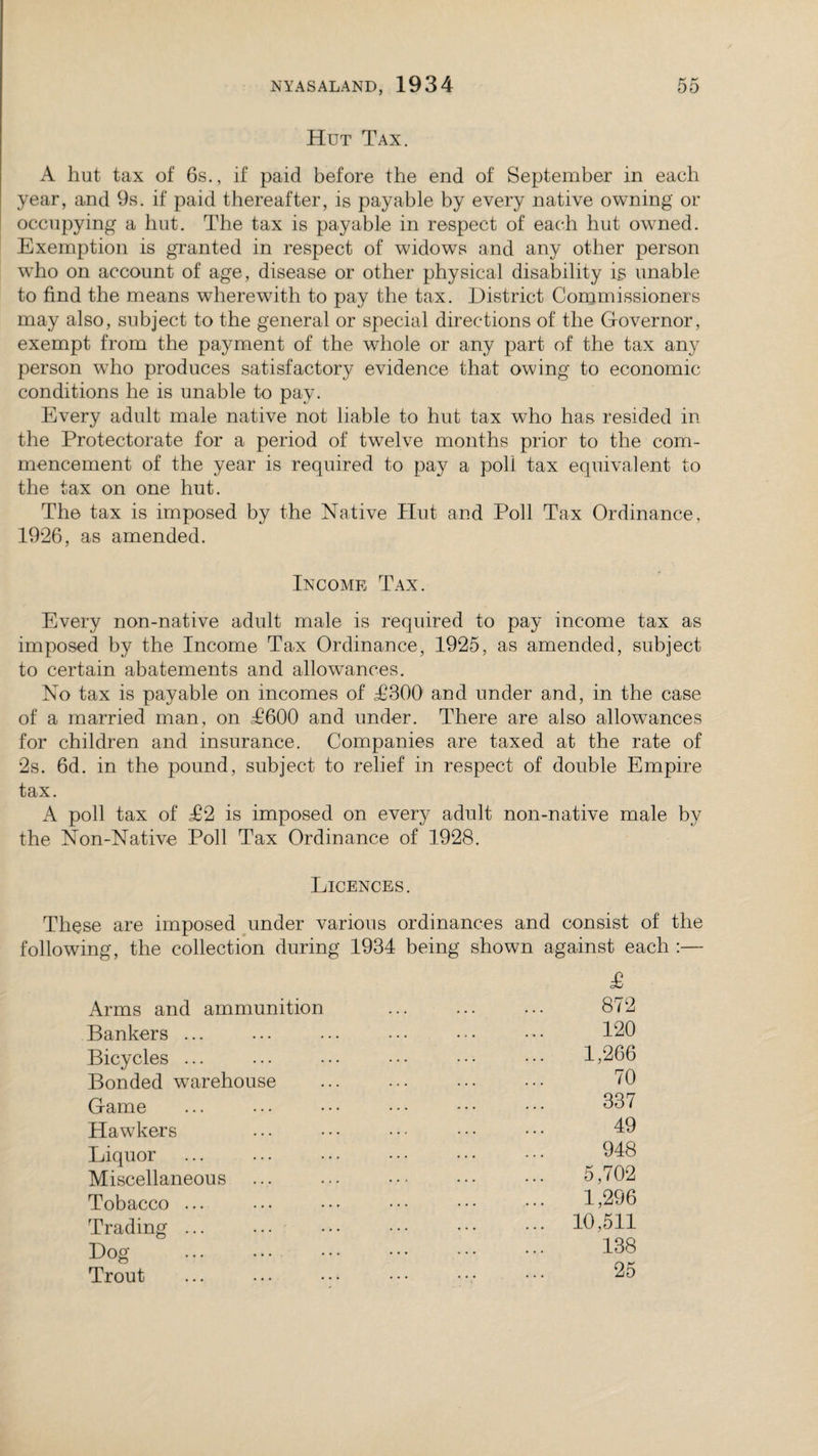 Hut Tax. A hut tax of 6s., if paid before the end of September in each year, and 9s. if paid thereafter, is payable by every native owning or occupying a hut. The tax is payable in respect of each hut owned. Exemption is granted in respect of widows and any other person who on account of age, disease or other physical disability i_s unable to find the means wherewith to pay the tax. District Commissioners may also, subject to the general or special directions of the Governor, exempt from the payment of the whole or any part of the tax any person who produces satisfactory evidence that owing to economic conditions he is unable to pay. Every adult male native not liable to hut tax who has resided in the Protectorate for a period of twelve months prior to the com¬ mencement of the year is required to pay a poll tax equivalent to the tax on one hut. The tax is imposed by the Native Hut and Poll Tax Ordinance, 19*26, as amended. Income Tax. Every non-native adult male is required to pay income tax as imposed by the Income Tax Ordinance, 1925, as amended, subject to certain abatements and allowances. No tax is payable on incomes of T300 and under and, in the case of a married man, on T600 and under. There are also allowances for children and insurance. Companies are taxed at the rate of 2s. 6d. in the pound, subject to relief in respect of double Empire tax. A poll tax of £2 is imposed on every adult non-native male by the Non-Native Poll Tax Ordinance of 1928. Licences. These are imposed under various ordinances and consist of the following, the collection during 1934 being shown against each :— £ Arms and ammunition ... ... ... 872 Bankers ... ... ••• ••• ••• 120 Bicycles ... ... ••• ••• ••• ••• 1,266 Bonded warehouse ... ... ... ... 70 Game ... ... ••• ••• ••• ••• 337 Hawkers ... • • • • • • • • • • • • 13 Liquor ... ... ... ••• ••• ••• ^ 348 Miscellaneous ... ... ••• ••• ••• 5,702 Tobacco ... ... ••• ••• ••• ••• 1,296 Trading ... ... ••• ••• ••• ••• 10,511 Dog . . 138 Trout . 25