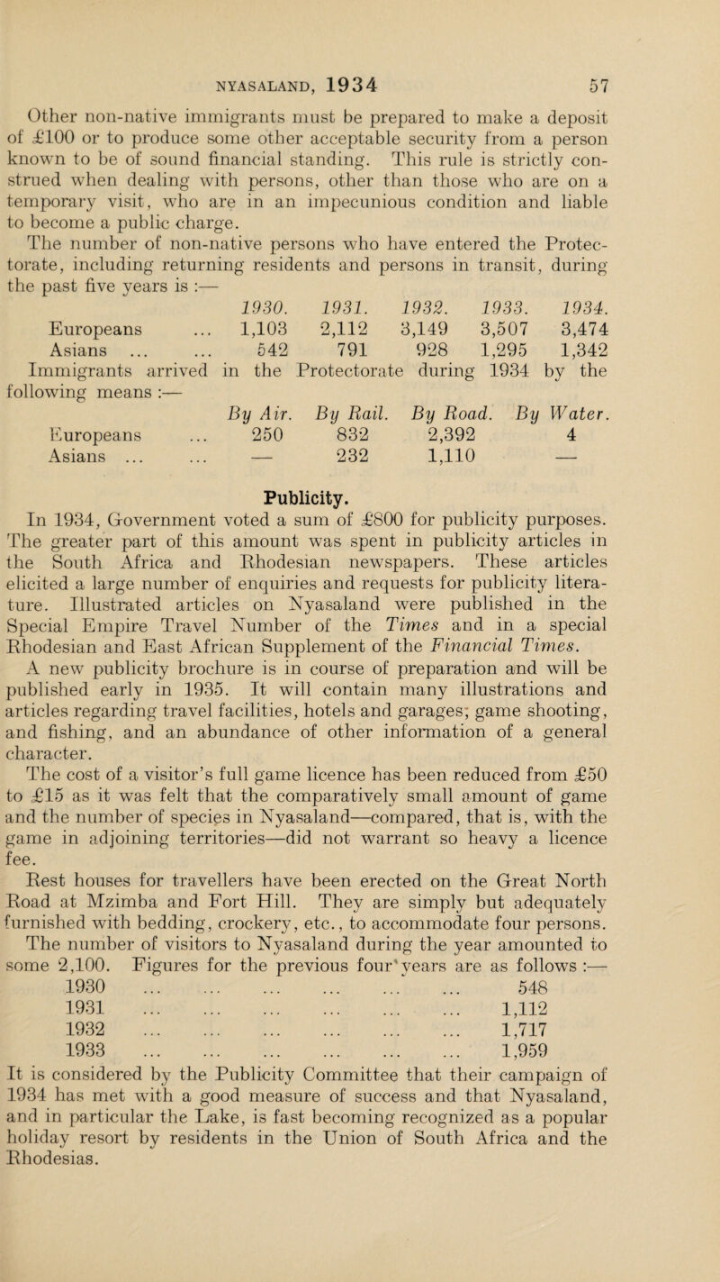 Other non-native immigrants must be prepared to make a deposit of i-100 or to produce some other acceptable security from a person known to be of sound financial standing. This rule is strictly con¬ strued when dealing with persons, other than those who are on a temporary visit, who are in an impecunious condition and liable to become a public charge. The number of non-native persons who have entered the Protec¬ torate, including returning residents and persons in transit, during the past five years is :— 1930. 1931. 1932. 1933. 1934. Europeans ... 1,103 2,112 3,149 3,507 3,474 Asians . 542 791 928 1,295 1,342 Immigrants arrived in the Protectorate during 1934 by the following means :— By Air. By Rail. By Road. By Water. Europeans ... 250 832 2,392 4 Asians ... ... — 232 1,110 — Publicity. In 1934, Government voted a sum of T800 for publicity purposes. The greater part of this amount was spent in publicity articles in the South Africa and Rhodesian newspapers. These articles elicited a large number of enquiries and requests for publicity litera¬ ture. Illustrated articles on Nyasaland were published in the Special Empire Travel Number of the Times and in a special Rhodesian and East African Supplement of the Financial Times. A new publicity brochure is in course of preparation and will be published early in 1935. It will contain many illustrations and articles regarding travel facilities, hotels and garages, game shooting, and fishing, and an abundance of other information of a general character. The cost of a visitor’s full game licence has been reduced from T50 to £15 as it was felt that the comparatively small amount of game and the number of species in Nyasaland—compared, that is, with the game in adjoining territories—did not warrant so heavy a licence fee. Rest houses for travellers have been erected on the Great North Road at Mzimba and Fort Hill. They are simply but adequately furnished with bedding, crockery, etc., to accommodate four persons. The number of visitors to Nyasaland during the year amounted to some 2,100. Figures for the previous four'years are as follows :— 1930 1931 1932 1933 548 1,112 1,717 1,959 It is considered by the Publicity Committee that their campaign of 1934 has met with a good measure of success and that Nyasaland, and in particular the Lake, is fast becoming recognized as a popular holiday resort by residents in the Union of South iUrica and the Rhodesias.