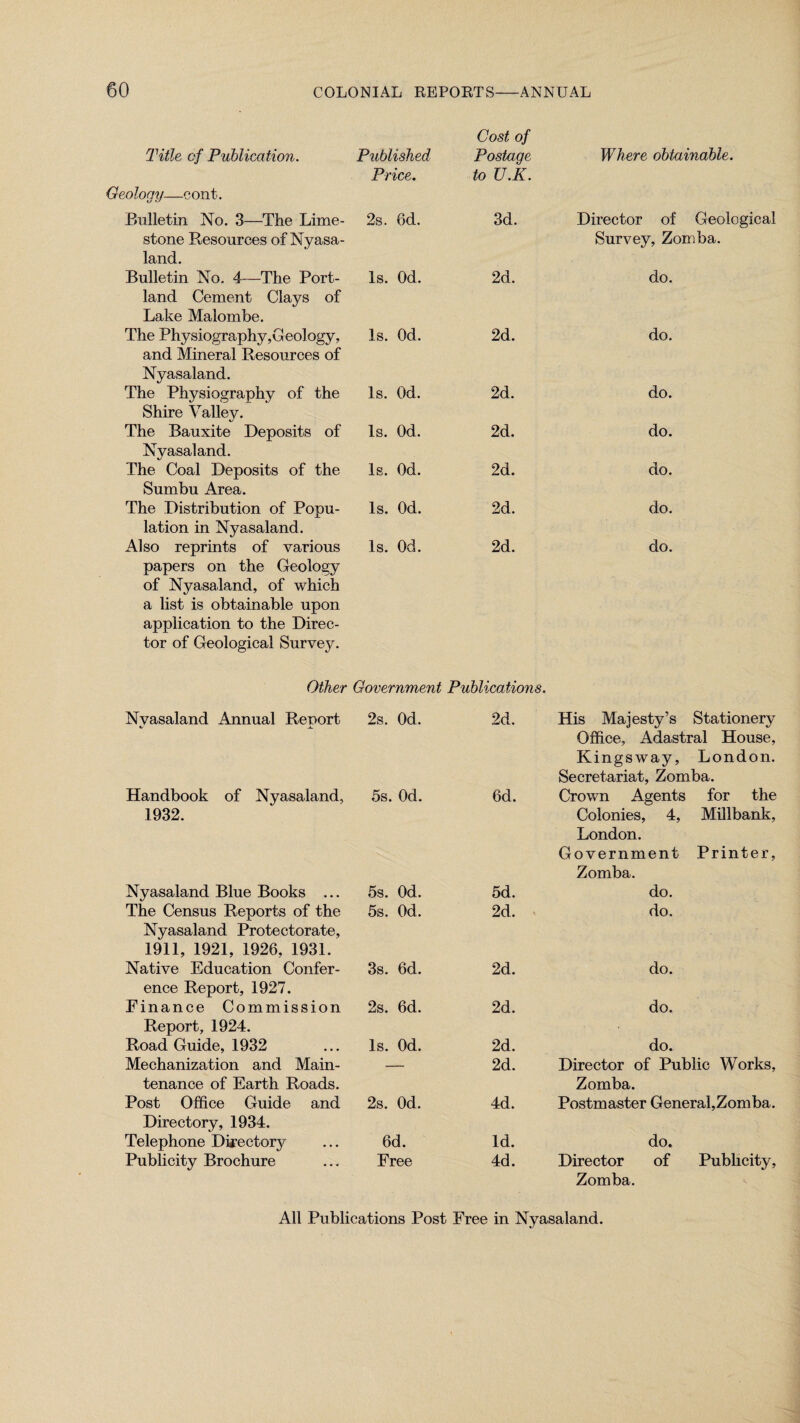 Cost of Title of Publication. Geology—cont. Published Price. Postage to U.K. Where obtamable. Bulletin No. 3—The Lime¬ stone Resources of Nyasa¬ land. 2s. 6d. 3d. Director of Geological Survey, Zomba. Bulletin No. 4—The Port¬ land Cement Clays of Lake Malombe. Is. Od. 2d. do. The Physiography,Geology, and Mineral Resources of Nyasaland. Is. Od. 2d. do. The Physiography of the Shire Valley. Is. Od. 2d. do. The Bauxite Deposits of Nyasaland. Is. Od. 2d. do. The Coal Deposits of the Sumbu Area. Is. Od. 2d. do. The Distribution of Popu¬ lation in Nyasaland. Is. Od. 2d. do. Also reprints of various papers on the Geology of Nyasaland, of which a list is obtainable upon application to the Direc¬ tor of Geological Survey. Is. Od. 2d. do. Other Government Publications. Nvasaland Annual Report Jl. 2s. Od. 2d. His Majesty’s Stationery Office, Adastral House, Kingsway, London. Secretariat, Zomba. Handbook of Nyasaland, 1932. 5s. Od. 6d. Crown Agents for the Colonies, 4, Millbank, London. Government Printer, Zomba. Nyasaland Blue Books ... 5s. Od. 5d. do. The Census Reports of the Nyasaland Protectorate, 1911, 1921, 1926, 1931. 5s. Od. 2d. do. Native Education Confer¬ ence Report, 1927. 3s. 6d. 2d. do. Finance Commission Report, 1924. 2s. 6d. 2d. do. Road Guide, 1932 Is. Od. 2d. do. Mechanization and Main¬ tenance of Earth Roads. — 2d. Director of Public Works, Zomba. Post Office Guide and Directory, 1934. 2s. Od. 4d. Postmaster General,Zomba. Telephone Directory 6d. Id. do. Publicity Brochure Free 4d. Director of Publicity, Zomba.