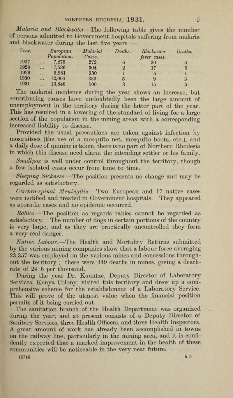 Malaria and Blackwater—The following table gives the number of persons admitted to Government hospitals suffering from malaria and blackwater during the last five years :— Year. European Population. Malarial Cases. Deaths. Blackwater fever cases. Deaths 1927 7,275 272 6 20 5 1928 7,536 304 2 17 5 1929 9,981 330 1 5 1 1930 ... 12,000 383 5 9 3 1931 ... 13,846 500 3 15 5 The malarial incidence during the year shows an increase, but contributing causes have undoubtedly been the large amount of unemployment in the territory during the latter part of the year. This has resulted in a lowering of the standard of living for a large section of the population in the mining areas, with a corresponding increased liability to disease. Provided the usual precautions are taken against infection by mosquitoes (the use of a mosquito net, mosquito boots, etc.), and a daily dose of quinine is taken, there is no part of Northern Rhodesia in which this disease need alarm the intending settler or his family. Smallpox is well under control throughout the territory, though a few isolated cases occur from time to time. Sleeping Sickness.—The position presents no change and may be regarded as satisfactory. Cerebrospinal Meningitis.—Two European and 17 native cases were notified and treated in Government hospitals. They appeared as sporadic cases and no epidemic occurred. Rabies.—The position as regards rabies cannot be regarded as satisfactory. The number of dogs in certain portions of the country is very large, and as they are practically uncontrolled they form a very real danger. Native Labour.—The Health and Mortality Returns submitted by the various mining companies show that a labour force averaging 23,357 was employed on the various mines and concessions through¬ out the territory ; there were 449 deaths in mines, giving a death- rate of 24-6 per thousand. During the year Dr. Kauntze, Deputy Director of Laboratory Services, Kenya Colony, visited this territory and drew up a com¬ prehensive scheme for the establishment of a Laboratory Service. This will prove of the utmost value when the financial position permits of it being carried out. The sanitation branch of the Health Department was organized during the year, and at present consists of a Deputy Director of Sanitary Services, three Health Officers, and three Health Inspectors. A great amount of work has already been accomplished in towns on the railway line, particularly in the mining area, and it is confi¬ dently expected that a marked improvement in the health of these communities will be noticeable in the very near future. 16746 A. 3