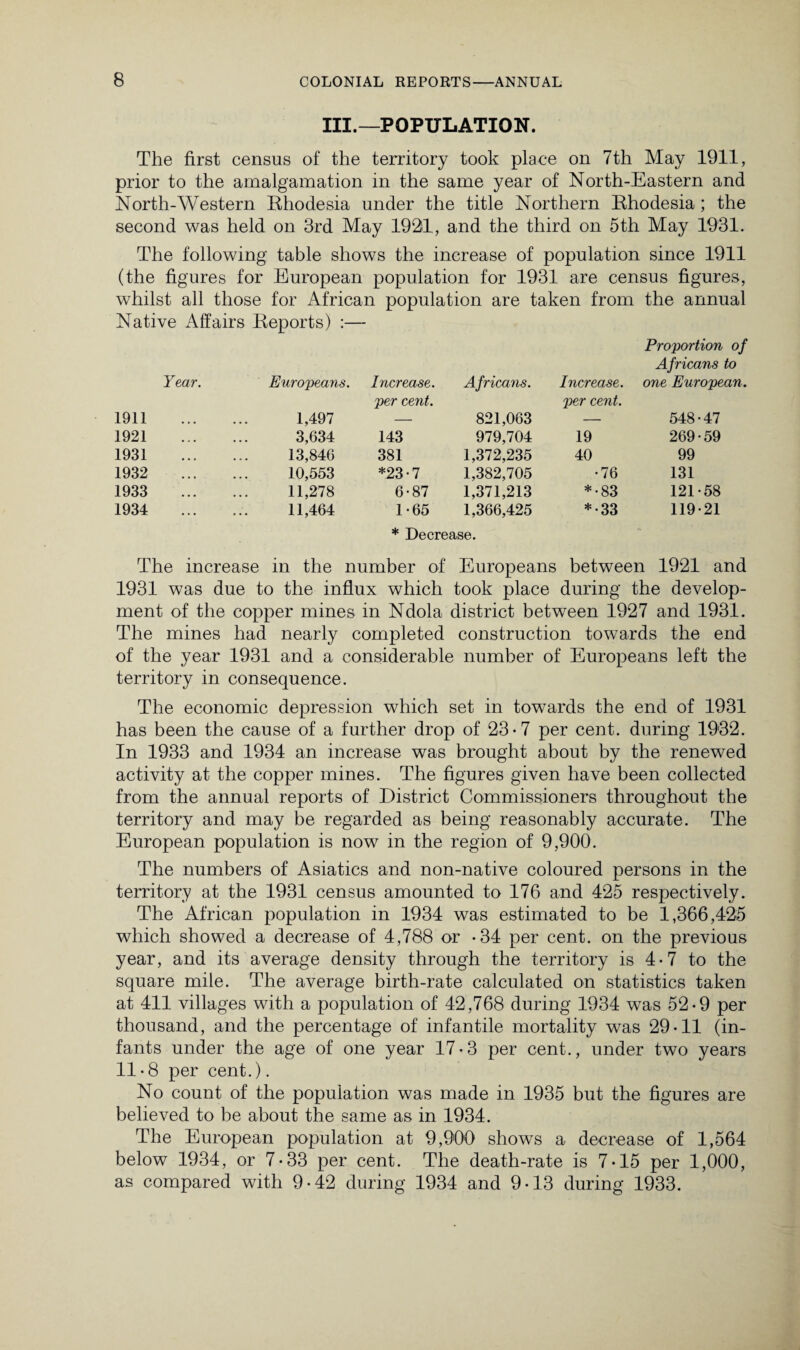III.—POPULATION. The first census of the territory took place on 7th May 1911, prior to the amalgamation in the same year of North-Eastern and North-Western Rhodesia under the title Northern Rhodesia; the second was held on 3rd May 1921, and the third on 5th May 1931. The following table shows the increase of population since 1911 (the figures for European population for 1931 are census figures, whilst all those for African population are taken from the annual Native Affairs Reports) :— Proportion of Africans to Year. Europeans. Increase, per cent. Africans. Increase, per cent. one European 1911 1,497 — 821,063 — 548-47 1921 3,634 143 979,704 19 269-59 1931 13,846 381 1,372,235 40 99 1932 10,553 *23-7 1,382,705 •76 131 1933 11,278 6-87 1,371,213 *•83 121-58 1934 11,464 1-65 1,366,425 *•33 119-21 * Decrease. The increase in the number of Europeans between 1921 and 1931 was due to the influx which took place during the develop¬ ment of the copper mines in Ndola district between 1927 and 1931. The mines had nearly completed construction towards the end of the year 1931 and a considerable number of Europeans left the territory in consequence. The economic depression which set in towards the end of 1931 has been the cause of a further drop of 23*7 per cent, during 1932. In 1933 and 1934 an increase was brought about by the renewed activity at the copper mines. The figures given have been collected from the annual reports of District Commissioners throughout the territory and may be regarded as being reasonably accurate. The European population is now in the region of 9,900. The numbers of Asiatics and non-native coloured persons in the territory at the 1931 census amounted to 176 and 425 respectively. The African population in 1934 was estimated to be 1,366,425 which showed a decrease of 4,788 or -34 per cent, on the previous year, and its average density through the territory is 4-7 to the square mile. The average birth-rate calculated on statistics taken at 411 villages with a population of 42,768 during 1934 was 52-9 per thousand, and the percentage of infantile mortality was 29-11 (in¬ fants under the age of one year 17-3 per cent., under two years 11-8 per cent.). No count of the population was made in 1935 but the figures are believed to be about the same as in 1934. The European population at 9,900 shows a decrease of 1,564 below 1934, or 7-33 per cent. The death-rate is 7-15 per 1,000, as compared with 9-42 during 1934 and 9-13 during 1933.