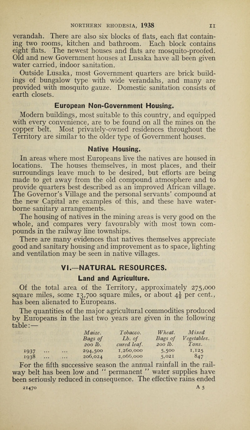 verandah. There are also six blocks of flats, each flat contain¬ ing two rooms, kitchen and bathroom. Each block contains eight flats. The newest houses and flats are mosquito-proofed. Old and new Government houses at Lusaka have all been given water carried, indoor sanitation. Outside Lusaka, most Government quarters are brick build¬ ings of bungalow type with wide verandahs, and many are provided with mosquito gauze. Domestic sanitation consists of earth closets. European Non-Government Housing. Modern buildings, most suitable to this country, and equipped with every convenience, are to be found on all the mines on the copper belt. Most privately-owned residences throughout the Territory are similar to the older type of Government houses. Native Housing. In areas where most Europeans live the natives are housed in locations. The houses themselves, in most places, and their surroundings leave much to be desired, but efforts are being made to get away from the old compound atmosphere and to provide quarters best described as an improved African village. The Governor’s Village and the personal servants’ compound at the new Capital are examples of this, and these have water- borne sanitary arrangements. The housing of natives in the mining areas is very good on the whole, and compares very favourably with most town com¬ pounds in the railway line townships. There are many evidences that natives themselves appreciate good and sanitary housing and improvement as to space, lighting and ventilation may be seen in native villages. VI.—NATURAL RESOURCES. Land and Agriculture. Of the total area of the Territory, approximately 275,000 square miles, some 13,700 square miles, or about 4^ per cent., has been alienated to Europeans. The quantities of the major agricultural commodities produced by Europeans in the last two years are given in the following table: — 1937 1938 Maize. Bags of 200 lb. 294,5°° 206,024 Tobacco. Lb. of cured leaf. 1,260,000 2,066,000 Wheat. Mixed Bags of Vegetables. 200 lb. Tons. 5,500 1,125 5,021 847 For the fifth successive season the annual rainfall in the rail¬ way belt has been low and “ permanent ” water supplies have been seriously reduced in consequence. The effective rains ended 21470
