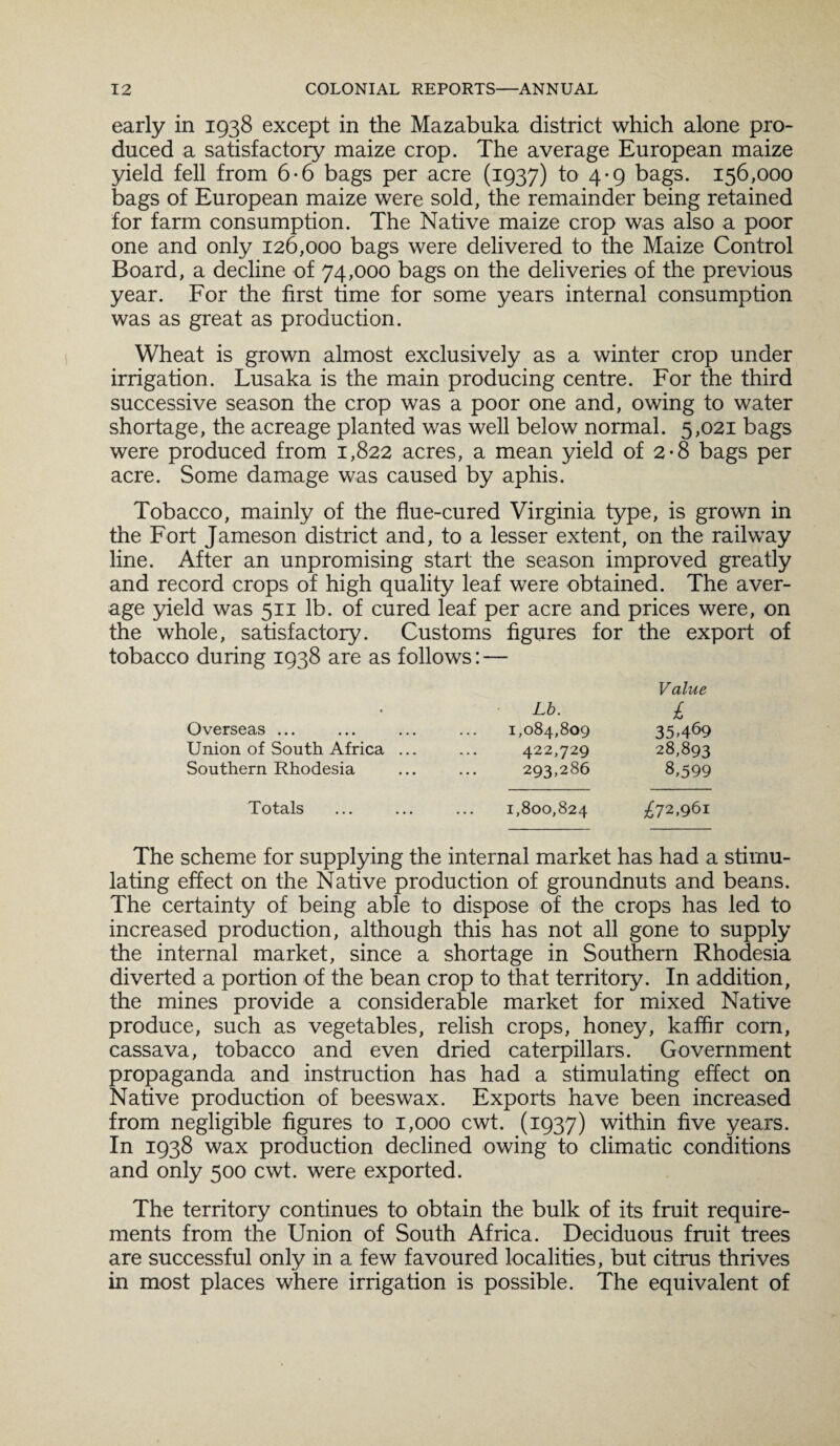 early in 1938 except in the Mazabuka district which alone pro¬ duced a satisfactory maize crop. The average European maize yield fell from 6*6 bags per acre (1937) to 4-9 bags. 156,000 bags of European maize were sold, the remainder being retained for farm consumption. The Native maize crop was also a poor one and only 126,000 bags were delivered to the Maize Control Board, a decline of 74,000 bags on the deliveries of the previous year. For the first time for some years internal consumption was as great as production. Wheat is grown almost exclusively as a winter crop under irrigation. Lusaka is the main producing centre. For the third successive season the crop was a poor one and, owing to water shortage, the acreage planted was well below normal. 5,021 bags were produced from 1,822 acres, a mean yield of 2-8 bags per acre. Some damage was caused by aphis. Tobacco, mainly of the flue-cured Virginia type, is grown in the Fort Jameson district and, to a lesser extent, on the railway line. After an unpromising start the season improved greatly and record crops of high quality leaf were obtained. The aver¬ age yield was 511 lb. of cured leaf per acre and prices were, on the whole, satisfactory. Customs figures for the export of tobacco during 1938 are as follows: Value • Lb. £ Overseas ... 1,084,809 35.4^9 Union of South Africa ... 422,729 28,893 Southern Rhodesia 293,286 8,599 Totals ... ... ... 1,800,824 £72,961 The scheme for supplying the internal market has had a stimu¬ lating effect on the Native production of groundnuts and beans. The certainty of being able to dispose of the crops has led to increased production, although this has not all gone to supply the internal market, since a shortage in Southern Rhodesia diverted a portion of the bean crop to that territory. In addition, the mines provide a considerable market for mixed Native produce, such as vegetables, relish crops, honey, kaffir com, cassava, tobacco and even dried caterpillars. Government propaganda and instruction has had a stimulating effect on Native production of beeswax. Exports have been increased from negligible figures to 1,000 cwt. (1937) within five years. In 1938 wax production declined owing to climatic conditions and only 500 cwt. were exported. The territory continues to obtain the bulk of its fruit require¬ ments from the Union of South Africa. Deciduous fruit trees are successful only in a few favoured localities, but citms thrives in most places where irrigation is possible. The equivalent of