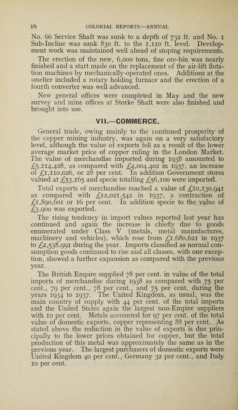 No. 66 Service Shaft was sunk to a depth of 732 ft. and No. 1 Sub-Incline was sunk 830 ft. to the 1,110 ft. level. Develop¬ ment work was maintained well ahead of stoping requirements. The erection of the new, 6,000 tons, fine ore-bin was nearly finished and a start made on the replacement of the air-lift flota¬ tion machines by mechanically-operated ones. Additions at the smelter included a rotary holding furnace and the erection of a fourth converter was well advanced. New general offices were completed in May and the new survey and mine offices at Storke Shaft were also finished and brought into use. VII.—COMMERCE. General trade, owing mainly to the continued prosperity of the copper mining industry, was again on a very satisfactory level, although the value of exports fell as a result of the lower average market price of copper ruling in the London Market. The value of merchandise imported during 1938 amounted to £5,114,428, as compared with £4,004,402 in 1937, an increase of £1,110,026, or 28 per cent. In addition Government stores valued at £53,165 and specie totalling £56,100 were imported. Total exports of merchandise reached a value of £10,130,941 as compared with £12,021,542 in 1937, a contraction of £1,890,601 or 16 per cent. In addition specie to the value of £3,900 was exported. The rising tendency in import values reported last year has continued and again the increase is chiefly due to goods enumerated under Class V (metals, metal manufactures, machinery and vehicles), which rose from £1,680,621 in 1937 to £2,538,991 during the year. Imports classified as normal con¬ sumption goods continued to rise and all classes, with one excep¬ tion, showed a further expansion as compared with the previous year. The British Empire supplied 78 per cent, in value of the total imports of merchandise during 1938 as compared with 75 per cent., 79 per cent., 78 per cent., and 75 per cent, during the years 1934 to 1937. The United Kingdom, as usual, was the main country of supply with 44 per cent, of the total imports and the United States again the largest non-Empire suppliers with 10 per cent. Metals accounted for 97 per cent, of the total value of domestic exports, copper representing 88 per cent. As stated above the reduction in the value of exports is due prin¬ cipally to the lower prices obtained for copper, but the total production of this metal was approximately the same as in the previous year. The largest purchasers of domestic exports were United Kingdom 40 per cent., Germany 32 per cent., and Italy 10 per cent.