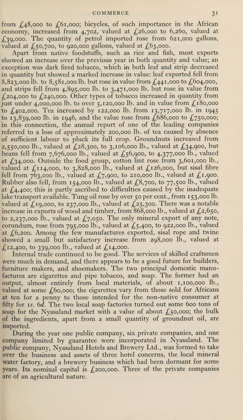 from £48,000 to £61,000; bicycles, of such importance in the African economy, increased from 4,702, valued at £26,000 to 6,260, valued at £39,000. The quantity of petrol imported rose from 621,000 gallons, valued at £50,700, to 920,000 gallons, valued at £63,000. Apart from native foodstuffs, such as rice and fish, most exports showed an increase over the previous year in both quantity and value; an exception was dark fired tobacco, which in both leaf and strip decreased in quantity but showed a marked increase in value: leaf exported fell from 8,823,000 lb. to 8,581,000 lb. but rose in value from £441,000 to £604,000, and strips fell from 4,895,000 lb. to 3,471,000 lb. but rose in value from £204,000 to £240,000. Other types of tobacco increased in quantity from just under 4,000,000 lb. to over 5,120,000 lb. and in value from £180,000 to £402,000. Tea increased by 122,000 lb. from 13,717,000 lb. in 1945 to 13,839,000 lb. in 1946, and the value rose from £686,000 to £750,000; in this connection, the annual report of one of the leading companies referred to a loss of approximately 200,000 lb. of tea caused by absence of sufficient labour to pluck its full crop. Groundnuts increased from 2,550,000 lb., valued at £28,300, to 3,106,000 lb., valued at £34,900, but beans fell from 7,676,000 lb., valued at £56,900, to 4,377,000 lb., valued at £34,000. Outside the food group, cotton lint rose from 3,601,000 lb., valued at £114,000, to 3,828,000 lb., valued at £126,000, but sisal fibre fell from 763,000 lb., valued at £7,900, to 210,000 lb., valued at £1,900. Rubber also fell, from 154,000 lb., valued at £8,700, to 77,500 lb., valued at £4,400; this is partly ascribed to difficulties caused by the inadequate lake transport available. Tung oil rose by over 50 per cent., from 153,000 lb. valued at £19,000, to 237,000 lb., valued at £25,300. There was a notable increase in exports of wood and timber, from 868,000 lb., valued at £2,650, to 2,237,000 lb., valued at £7,050. The only mineral export of any note, corundum, rose from 795,000 lb., valued at £5,400, to 922,000 lb., valued at £6,200. Among the few manufactures exported, sisal rope and twine showed a small but satisfactory increase from 298,000 lb., valued at £12,400, to 339,000 lb., valued at £14,000. Internal trade continued to be good. The services of skilled craftsmen were much in demand, and there appears to be a good future for builders, furniture makers, and shoemakers. The two principal domestic manu¬ factures are cigarettes and pipe tobacco, and soap. The former had an output, almost entirely from local materials, of about 1,100,000 lb., valued at some £60,000; the cigarettes vary from those sold for Africans at ten for a penny to those intended for the non-native consumer at fifty for is. 6d. The two local soap factories turned out some 600 tons of soap for the Nyasaland market with a value of about £50,000; the bulk of the ingredients, apart from a small quantity of groundnut oil, are imported. During the year one public company, six private companies, and one company limited by guarantee were incorporated in Nyasaland. The public company, Nyasaland Hotels and Brewery Ltd., was formed to take over the business and assets of three hotel concerns, the local mineral water factory, and a brewery business which had been dormant for some years. Its nominal capital is £200,000. Three of the private companies are of an agricultural nature.