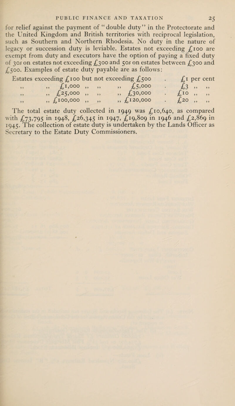 for relief against the payment of “ double duty” in the Protectorate and the United Kingdom and British territories with reciprocal legislation, such as Southern and Northern Rhodesia. No duty in the nature of legacy or succession duty is leviable. Estates not exceeding £100 are exempt from duty and executors have the option of paying a fixed duty of 30? on estates not exceeding £300 and 505“ on estates between £300 and £500. Examples of estate duty payable are as follows: Estates exceeding £100 but not exceeding £500 £1 per cent y y „ £1,000 y y yy » £5>'000 £3 y y y y y y „ £25,000 yy yy „ £3°>000 £'° y y y y y y „ £100,000 yy yy ,, £120,000 • £20 y y y y The total estate duty collected in 1949 was £10,640, as compared with £73,795 in I948. £26>345 in ?947, £i9>8°9 in I946 and £2,869 in 1945. The collection of estate duty is undertaken by the Lands Officer as Secretary to the Estate Duty Commissioners.