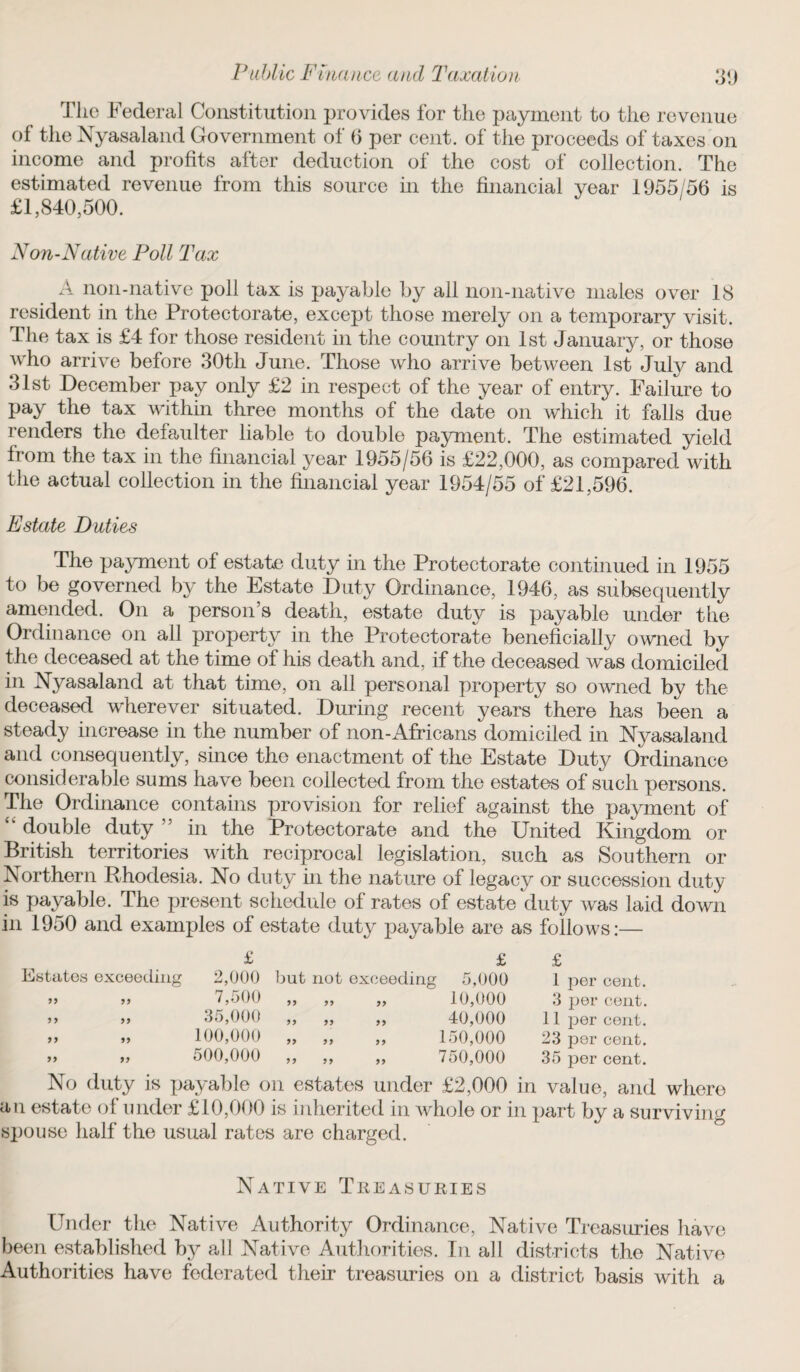 The Federal Constitution provides for the payment to the revenue of the Nyasaland Government of 6 per cent, of the proceeds of taxes on income and profits after deduction of the cost of collection. The estimated revenue from this source in the financial year 1955/56 is £1,840,500. Non-Native Poll Tax A non-native poll tax is payable by all non-native males over 18 resident in the Protectorate, except those merely on a temporary visit. The tax is £4 for those resident in the country on 1st January, or those who arrive before 30th June. Those who arrive between 1st July and 31st December pay only £2 in respect of the year of entry. Failure to pay the tax within three months of the date on which it falls due renders the defaulter liable to double payment. The estimated yield from the tax in the financial year 1955/56 is £22,000, as compared with the actual collection in the financial year 1954/55 of £21,596. Estate Duties The payment of estate duty in the Protectorate continued in 1955 to be governed by the Estate Duty Ordinance, 1946, as subsequently amended. O11 a person’s death, estate duty is payable under the Ordinance on all property in the Protectorate beneficially owned by the deceased at the time of his death and, if the deceased was domiciled in Nyasaland at that time, on all personal property so owned by the deceased wherever situated. During recent years there has been a steady increase in the number of non-Africans domiciled in Nyasaland and consequently, since the enactment of the Estate Duty Ordinance considerable sums have been collected from the estates of such persons. The Ordinance contains provision for relief against the payment of “ double duty ” in the Protectorate and the United Kingdom or British territories with reciprocal legislation, such as Southern or Northern Rhodesia. No duty in the nature of legacy or succession duty is payable. The present schedule of rates of estate duty was laid down in 1950 and examples of estate duty payable are as follows:— £ Estates exceeding 2,000 „ „  7,500 „ „ 35,000 „ „ 100,000 „ „ 500,000 £ but not exceeding 5,000 „ „ „ ' 10,000 „ ,, „ 40,000 „ „ „ 150,000 „ „ „ 750,000 £ 1 per cent. 3 per cent. 11 per cent. 23 per cent. 35 per cent. No duty is payable on estates under £2,000 in value, and wlmre an estate of under £10,000 is inherited in whole or in part by a surviving spouse half the usual rates are charged. Native Tkeasuries Under the Native Authority Ordinance, Native Treasuries have been established by all Native Authorities. In all districts the Native Authorities have federated their treasuries on a district basis with a