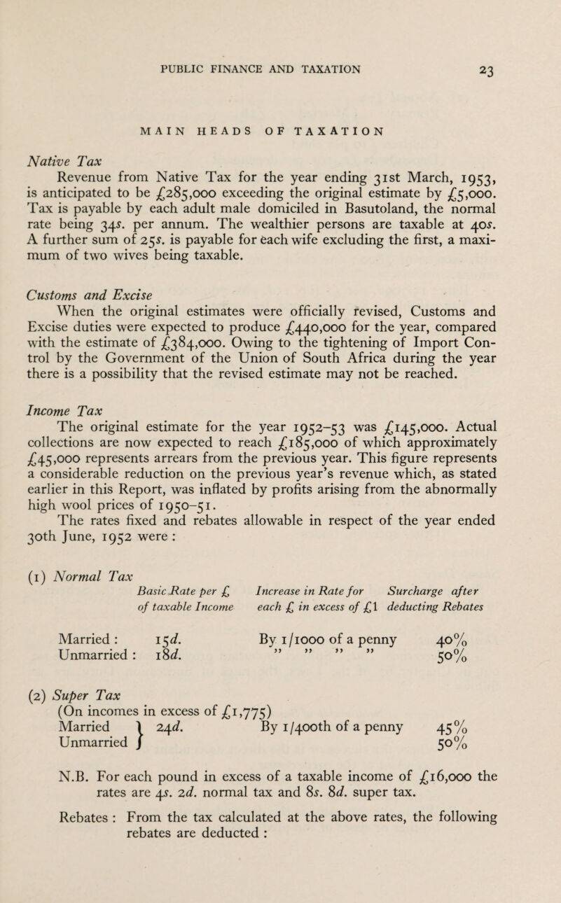 MAIN HEADS OF TAXATION Native Tax Revenue from Native Tax for the year ending 31st March, 1953, is anticipated to be £285,000 exceeding the original estimate by £5,000. Tax is payable by each adult male domiciled in Basutoland, the normal rate being 345. per annum. The wealthier persons are taxable at 40s. A further sum of 25s. is payable for each wife excluding the first, a maxi¬ mum of two wives being taxable. Customs and Excise When the original estimates were officially revised, Customs and Excise duties were expected to produce £440,000 for the year, compared with the estimate of £384,000. Owing to the tightening of Import Con¬ trol by the Government of the Union of South Africa during the year there is a possibility that the revised estimate may not be reached. Income Tax The original estimate for the year 1952-53 was £145,000. Actual collections are now expected to reach £185,000 of which approximately £45,000 represents arrears from the previous year. This figure represents a considerable reduction on the previous year’s revenue which, as stated earlier in this Report, was inflated by profits arising from the abnormally high wool prices of 1950-51. The rates fixed and rebates allowable in respect of the year ended 30th June, 1952 were : (1) Normal Tax Married : Unmarried : Basic Rate per £ of taxable Income i$d. 18 d. Increase in Rate for each £ in excess of £ 1 Surcharge after deducting Rebates By 1/1000 of a penny 40% ” ” ” ” 50% (2) Super Tax (On incomes in excess of £1,775) Married 1 24^. By 1 /400th of a penny 45 % Unmarried J 5°% N.B. For each pound in excess of a taxable income of £16,000 the rates are 4s. 2d. normal tax and 8s. 8d. super tax. Rebates : From the tax calculated at the above rates, the following rebates are deducted :