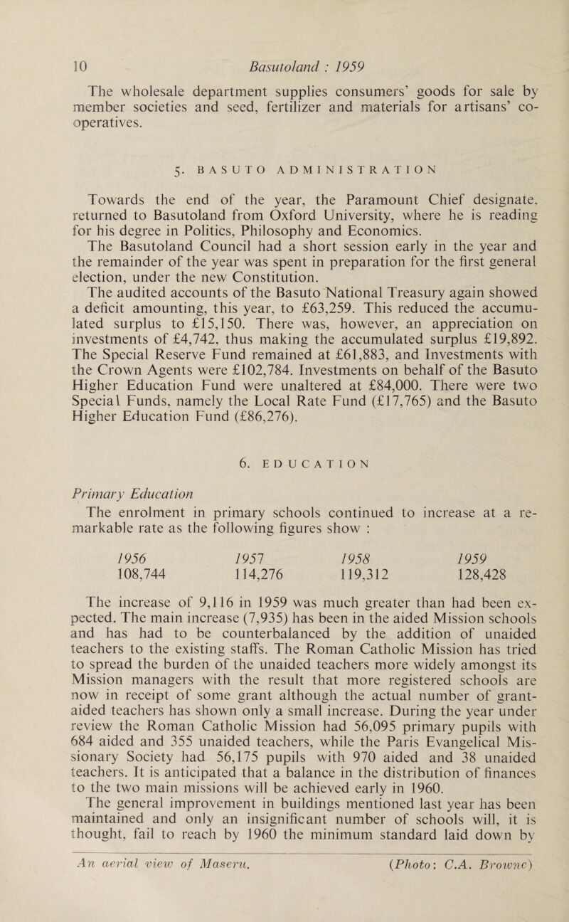 The wholesale department supplies consumers' goods for sale by member societies and seed, fertilizer and materials for artisans’ co¬ operatives. 5. BASUTO ADMINISTRATION Towards the end of the year, the Paramount Chief designate, returned to Basutoland from Oxford University, where he is reading for his degree in Politics, Philosophy and Economics. The Basutoland Council had a short session early in the year and the remainder of the year was spent in preparation for the first general election, under the new Constitution. The audited accounts of the Basuto National Treasury again showed a deficit amounting, this year, to £63,259. This reduced the accumu¬ lated surplus to £15,150. There was, however, an appreciation on investments of £4,742, thus making the accumulated surplus £19,892. The Special Reserve Fund remained at £61,883, and Investments with the Crown Agents were £102,784. Investments on behalf of the Basuto Higher Education Fund were unaltered at £84,000. There were two Special Funds, namely the Local Rate Fund (£17,765) and the Basuto Higher Education Fund (£86,276). 6. EDUCATION Primary Education The enrolment in primary schools continued to increase at a re¬ markable rate as the following figures show : 1956 1951 1958 1959 108,744 114,276 119,312 128,428 The increase of 9,116 in 1959 was much greater than had been ex¬ pected. The main increase (7,935) has been in the aided Mission schools and has had to be counterbalanced by the addition of unaided teachers to the existing staffs. The Roman Catholic Mission has tried to spread the burden of the unaided teachers more widely amongst its Mission managers with the result that more registered schools are now in receipt of some grant although the actual number of grant- aided teachers has shown only a small increase. During the year under review the Roman Catholic Mission had 56,095 primary pupils with 684 aided and 355 unaided teachers, while the Paris Evangelical Mis¬ sionary Society had 56,175 pupils with 970 aided and 38 unaided teachers. It is anticipated that a balance in the distribution of finances to the two main missions will be achieved early in 1960. The general improvement in buildings mentioned last year has been maintained and only an insignificant number of schools will, it is thought, fail to reach by 1960 the minimum standard laid down by An aerial view of Maseru. {Photo: C.A. Browne)