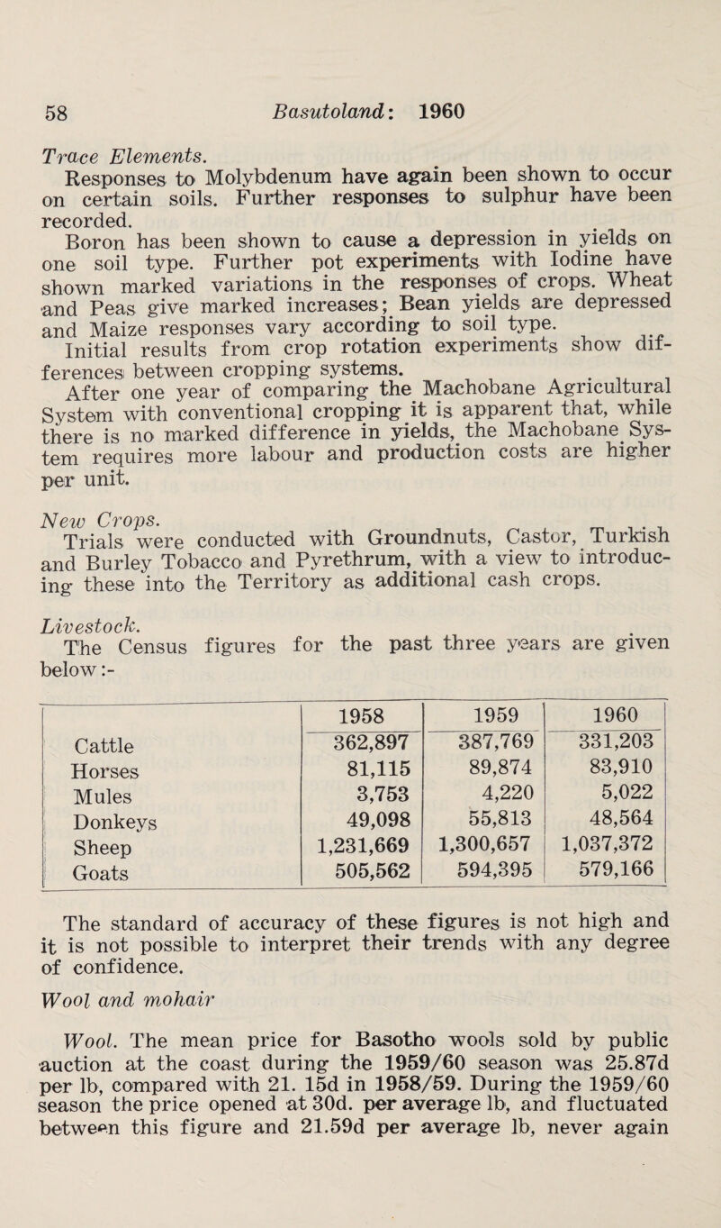 Trace Elements. Responses to Molybdenum have again been shown to occur on certain soils. Further responses to sulphur have been recorded. Boron has been shown to cause a depression in yields on one soil type. Further pot experiments with Iodine have shown marked variations in the responses of crops. Wheat ■and Peas give marked increases; Bean yields are depressed and Maize responses vary according to soil type. Initial results from crop rotation experiments show dif¬ ferences! between cropping systems. . After one year of comparing the Machobane Agricultural System with conventional cropping it is apparent that, while there is no marked difference in yields, the Machobane^ Sys¬ tem requires more labour and production costs are higher per unit. New Crops. Trials were conducted with Groundnuts, Castor, Turkish and Burley Tobacco and Pyrethrum, with a view to introduc¬ ing these into the Territory as additional cash crops. Livestock. The Census figures for the past three years are given below :- 1958 1959 1960 Cattle 362,897 387,769 331,203 Horses 81,115 89,874 83,910 Mules 3,753 4,220 5,022 Donkeys 49,098 55,813 48,564 Sheep 1,231,669 1,300,657 1,037,372 Goats 505,562 594,395 579,166 The standard of accuracy of these figures is not high and it is not possible to interpret their trends with any degree of confidence. Wool and mohair Wool. The mean price for Basotho wools sold by public auction at the coast during the 1959/60 season was 25.87d per lb, compared with 21. 15d in 1958/59. During the 1959/60 season the price opened at 30d. per average lb, and fluctuated between this figure and 21.59d per average lb, never again