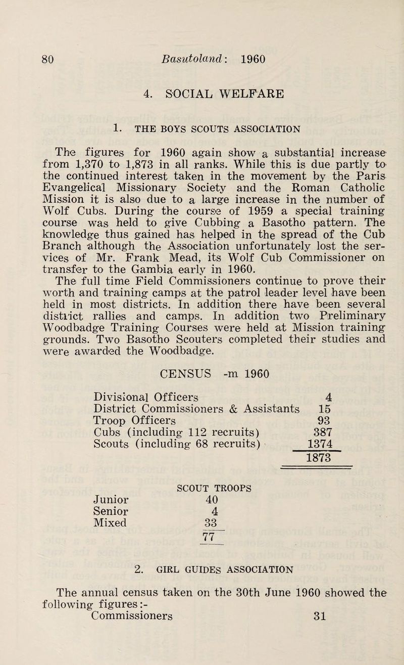 4. SOCIAL WELFARE 1. THE BOYS SCOUTS ASSOCIATION The figures for 1960 again show a substantial increase from 1,370 to 1,873 in all ranks. While this is due partly to the continued interest taken in the movement by the Paris Evangelical Missionary Society and the Roman Catholic Mission it is also due to a large increase in the number of Wolf Cubs. During the course of 1959 a special training course was held to give Cubbing a Basotho pattern. The knowledge thus gained has helped in the spread of the Cub Branch although the Association unfortunately lost the ser¬ vices of Mr. Frank Mead, its Wolf Cub Commissioner on transfer to the Gambia early in 1960. The full time Field Commissioners continue to prove their worth and training camps at the patrol leader level have been held in most districts. In addition there have been several district rallies and camps. In addition two Preliminary W'oodbadge Training Courses were held at Mission training grounds. Two Basotho Scouters completed their studies and were awarded the Woodbadge. CENSUS -m 1960 Divisional Officers 4 District Commissioners & Assistants 15 Troop Officers 93 Cubs (including 112 recruits) 387 Scouts (including 68 recruits) 1374 1873 Junior SCOUT TROOPS 40 Senior 4 Mixed 33 77 2. GIRL GUIDES ASSOCIATION The annual census taken on the 30th June 1960 showed the following figures Commissioners 31
