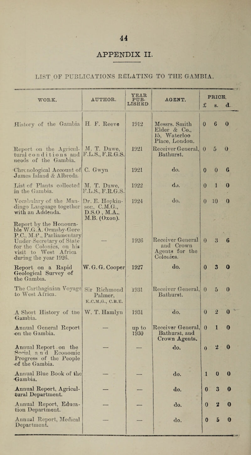 APPENDIX II. LIST OF PUBLICATIONS DELATING TO THE GAMBIA. WORK. AUTHOR. YEAR PUB¬ LISHED AGENT. PRICE. £ s. d. History of the Gambia H. F. Reeve 1912 Messrs. Smith Elder & Co., 15, Waterloo Place, London. 0 6 0 Report on the Agricul- tural conditions and neods of the Gambia. M. T. Dawe, F.L.S., F.R.G.S. 1921 Receiver General, Bathurst. 0 5 0 Chrc nological Account of James Island & Albreda. C. Gwyn 1921 do. 0 0 G List of Plants collected in the Gambia. M. T. Dawe, F.L.S., F.R.G.S. 1922 do. 0 1 0 Vocabulary of the Man- dingo Language together with an Addenda. Report by the Honoura¬ ble W.G.A. Ormsby-Gore P.C., M.P., Parliamentary Dr. E. Hopkin- son, C.M.G., D.S.O , M.A., M.B. (Oxon). 1924 do. 0 10 0 Under Secretary of State for the Colonies, on his visit to West Africa during the year 1926. 1926 Receiver General and Crown Agents for the Colonies. 0 3 6 Report on a Rapid Geological Survey of the Gambia. W. G. G. Cooper 1927 do. 0 3 0 The Carthaginian Voyage to West Africa. Sir Richmond Palmer, K.C.M.G., C.B.E. 1931 Receiver General, Bathurst. 0 5 0 A Short History of the Gambia. W. T. Hamlyn 1931 do. 0 2 0 v Annual General Report on the Gambia. — up to 1930 Receiver General, Bathurst, and Crown Agents. 0 1 0 Annual Report on the S^mal and Economic Progress of the People of the Gambia. do. 0 2 0 Annual Blue Book of the Gambia. — — do. 1 0 0 Annual Report, Agricul¬ tural Department. — — do. 0 3 0 Annual Report, Educa¬ tion Department. — — do. 0 2 0 Annual Report, Medical Department. — — do. 0 5 0