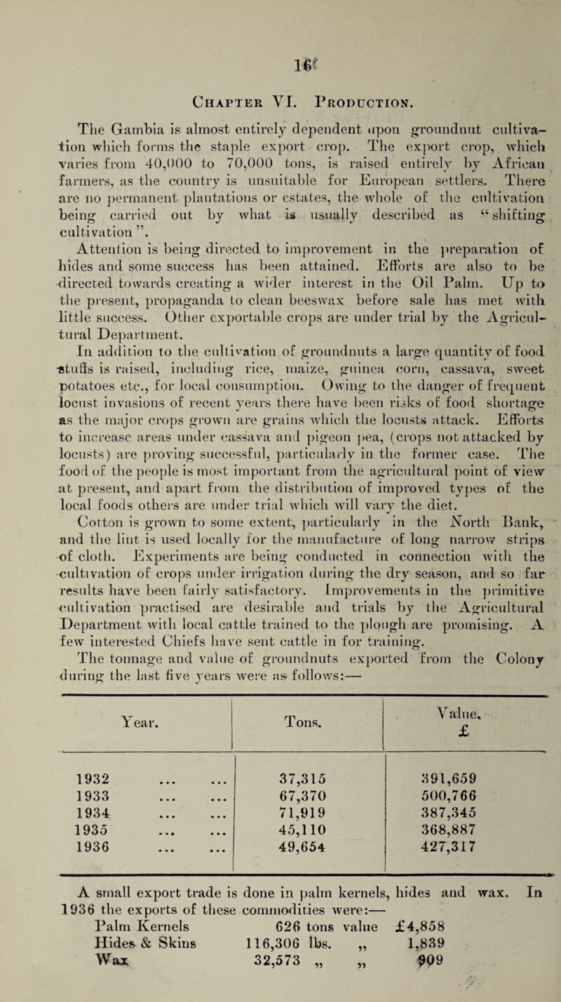 Chapter VI. Production. The Gambia is almost entirely dependent upon groundnut cultiva¬ tion which forms the staple export crop. The export crop, which varies from 40,000 to 70,000 tons, is raised entirely by African farmers, as the country is unsuitable for European settlers. There are no permanent plantations or estates, the whole of the cultivation being carried out by what is usually described as “ shifting cultivation ”. Attention is being directed to improvement in the preparation of hides and some success has been attained. Efforts are also to be directed towards creating a wider interest in the Oil Palm. Up to the present, propaganda to clean beeswax before sale has met with little success. Other exportable crops are under trial by the Agricul¬ tural Department, In addition to the cultivation of groundnuts a large quantity of food ■stuffs is raised, including rice, maize, guinea corn, cassava, sweet potatoes etc., for local consumption. Owing to the danger of frequent locust invasions of recent years there have been risks of food shortage as the major crops grown are grains which the locusts attack. Efforts to increase areas under cassava and pigeon pea, (crops not attacked by locusts) are proving successful, particularly in the former case. The food of the people is most important from the agricultural point of view at present, and apart from the distribution of improved types of the local foods others are under trial which will vary the diet. Cotton is grown to some extent, particularly in the North Bank, and the lint is used locally for the manufacture of long narrow strips of cloth. Experiments are being conducted in connection with the cultivation of crops under irrigation during the dry season, and so far results have been fairly satisfactory. Improvements in the primitive cultivation practised are desirable and trials by the Agricultural Department with local cattle trained to the plough are promising. A few interested Chiefs have sent cattle in for training. The tonnage and value of groundnuts exported from the Colony during the last five years were as-follows:— Y ear. Tons. Value, £ 1932 . 37,315 391,659 1933 . 67,370 500,766 1934 . 71,919 387,345 1935 45,110 368,887 1936 . 49,654 427,317 A small export trade is done in palm kernels, hides and wax. 1936 the exports of these commodities were:— Palm Kernels 626 tons value £4,858 In Hides & Skins Wax 116,306 lbs. 32,573 „ 1,839 909