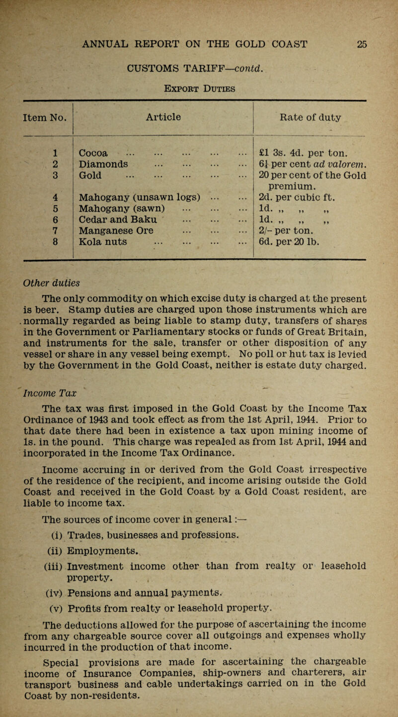 CUSTOMS TARIFF—contd. Export Duties Item No. Article Rate of duty 1 Cocoa • • • • • • • • • ••• • • • £1 3s. 4d. per ton. 2 Diamonds . 6]: per cent ad valorem. 3 Gold . 20 per cent of the Gold premium. 4 Mahogany (unsawn logs) . 2d. per cubic ft. 5 Mahogany (sawn) . ^ ^ • j) )) 6 Cedar and Baku . Id* 99 99 7 Manganese Ore . 2/- per ton. 8 Kola nuts . 6d. per 20 lb. Other duties The only commodity on which excise duty is charged at the present is beer. Stamp duties are charged upon those instruments which are . normally regarded as being liable to stamp duty, transfers of shares in the Government or Parliamentary stocks or funds of Great Britain, and instruments for the sale, transfer or other disposition of any vessel or share in any vessel being exempt. No poll or hut tax is levied by the Government in the Gold Coast, neither is estate duty charged. Income Tax The tax was first imposed in the Gold Coast by the Income Tax Ordinance of 1943 and took effect as from the 1st April, 1944. Prior to that date there had been in existence a tax upon mining income of Is. in the pound. This charge was repealed as from 1st April, 1944 and incorporated in the Income Tax Ordinance. Income accruing in or derived from the Gold Coast irrespective of the residence of the recipient, and income arising outside the Gold Coast and received in the Gold Coast by a Gold Coast resident, are liable to income tax. ■t ' • The sources of income cover in general (i) Trades, businesses and professions. (ii) Employments. (iii) Investment income other than from realty or leasehold property. (iv) Pensions and annual payments. (v) Profits from realty or leasehold property. The deductions allowed for the purpose of ascertaining the income from any chargeable source cover all outgoings and expenses wholly incurred in the production of that income. Special provisions are made for ascertaining the chargeable income of Insurance Companies, ship-owners and charterers, air transport business and cable undertakings carried on in the Gold Coast by non-residents.
