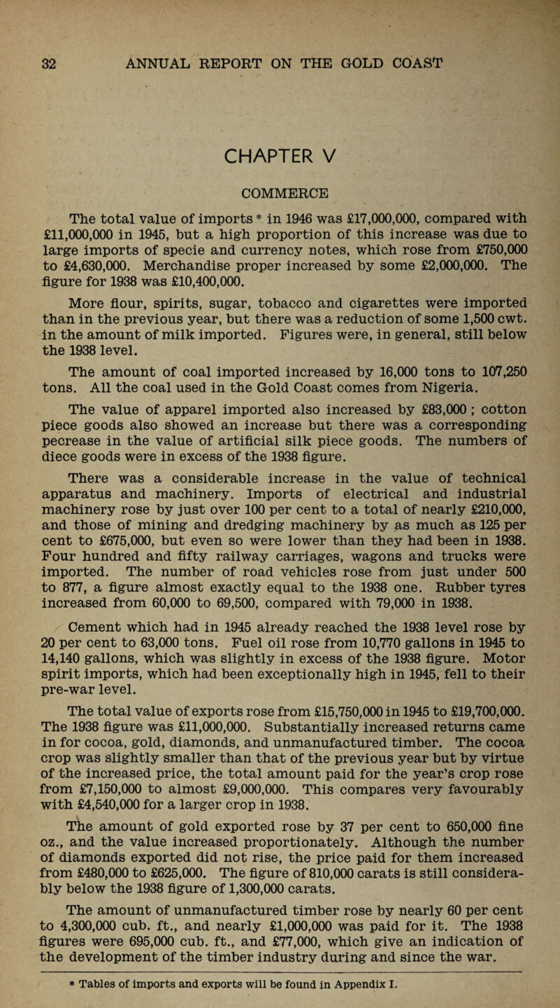 CHAPTER V COMMERCE The total value of imports * in 1946 was £17,000,000, compared with £11,000,000 in 1945, but a high proportion of this increase was due to large imports of specie and currency notes, which rose from £750,000 to £4,630,000. Merchandise proper increased by some £2,000,000. The figure for 1938 was £10,400,000. More flour, spirits, sugar, tobacco and cigarettes were imported than in the previous year, but there was a reduction of some 1,500 cwt. in the amount of milk imported. Figures were, in general, still below the 1938 level. The amount of coal imported increased by 16,000 tons to 107,250 tons. All the coal used in the Gold Coast comes from Nigeria. The value of apparel imported also increased by £83,000 ; cotton piece goods also showed an increase but there was a corresponding pecrease in the value of artificial silk piece goods. The numbers of diece goods were in excess of the 1938 figure. There was a considerable increase in the value of technical apparatus and machinery. Imports of electrical and industrial machinery rose by just over 100 per cent to a total of nearly £210,000, and those of mining and dredging machinery by as much as 125 per cent to £675,000, but even so were lower than they had been in 1938. Four hundred and fifty railway carriages, wagons and trucks were imported. The number of road vehicles rose from just under 500 to 877, a figure almost exactly equal to the 1938 one. Rubber tyres increased from 60,000 to 69,,500, compared with 79,000 in 1938. Cement which had in 1945 already reached the 1938 level rose by 20 per cent to 63,000 tons. Fuel oil rose from 10,770 gallons in 1945 to 14,140 gallons, which was slightly in excess of the 1938 figure. Motor spirit imports, which had been exceptionally high in 1945, fell to their pre-war level. The total value of exports rose from £15,750,000 in 1945 to £19,700,000. The 1938 figure was £11,000,000. Substantially increased returns came in for cocoa, gold, diamonds, and unmanufactured timber. The cocoa crop was slightly smaller than that of the previous year but by virtue of the increased price, the total amount paid for the year’s crop rose from £7,150,000 to almost £9,000,000. This compares very favourably with £4,540,000 for a larger crop in 1938. The amount of gold exported rose by 37 per cent to 650,000 fine oz., and the value increased proportionately. Although the number of diamonds exported did not rise, the price paid for them increased from £480,000 to £625,000. The figure of 810,000 carats is still considera¬ bly below the 1938 figure of 1,300,000 carats. The amount of unmanufactured timber rose by nearly 60 per cent to 4,300,000 cub. ft., and nearly £1,000,000 was paid for it. The 1938 figures were 695,000 cub. ft., and £77,000, which give an indication of the development of the timber industry during and since the war. * Tables of imports and exports will be found in Appendix I.