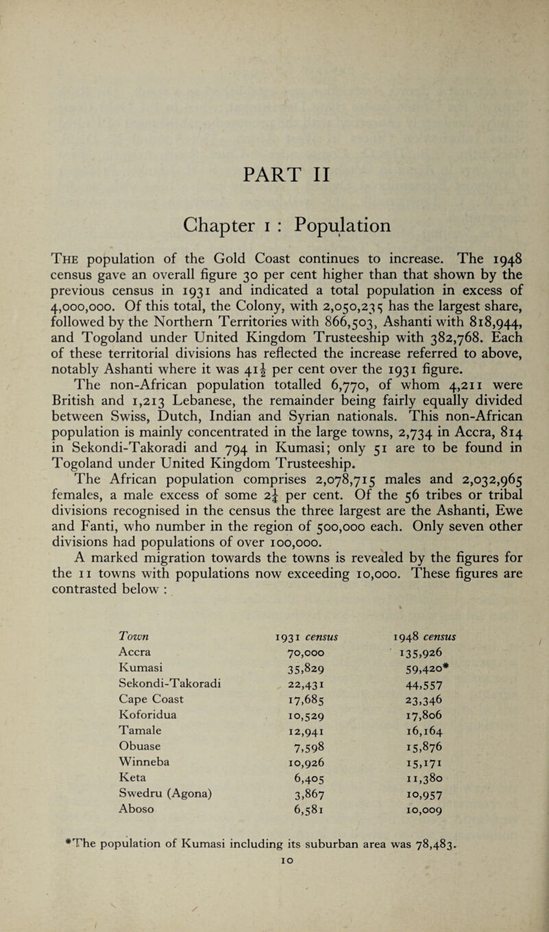 Chapter i : Population The population of the Gold Coast continues to increase. The 1948 census gave an overall figure 30 per cent higher than that shown by the previous census in 1931 and indicated a total population in excess of 4,000,000. Of this total, the Colony, with 2,050,235 has the largest share, followed by the Northern Territories with 866,503, Ashanti with 818,944, and Togoland under United Kingdom Trusteeship with 382,768. Each of these territorial divisions has reflected the increase referred to above, notably Ashanti where it was 41J per cent over the 1931 figure. The non-African population totalled 6,770, of whom 4,211 were British and 1,213 Lebanese, the remainder being fairly equally divided between Swiss, Dutch, Indian and Syrian nationals. This non-African population is mainly concentrated in the large towns, 2,734 in Accra, 814 in Sekondi-Takoradi and 794 in Kumasi; only 51 are to be found in Togoland under United Kingdom Trusteeship. The African population comprises 2,078,715 males and 2,032,965 females, a male excess of some z\ per cent. Of the 56 tribes or tribal divisions recognised in the census the three largest are the Ashanti, Ewe and Fanti, who number in the region of 500,000 each. Only seven other divisions had populations of over 100,000. A marked migration towards the towns is revealed by the figures for the 11 towns with populations now exceeding 10,000. These figures are contrasted below : Town 1931 census 1948 census Accra 70,000 135,926 Kumasi 35,829 59,420* Sekondi-T akoradi 22,431 44,557 Cape Coast 17,685 23,346 Koforidua 10,529 17,806 Tamale 12,941 16,164 Obuase 7,598 15,876 Winneba 10,926 15,171 Keta 6,405 11,380 Swedru (Agona) 3,867 io,957 Aboso 6,581 10,009 *The population of Kumasi including its suburban area was 78,483.