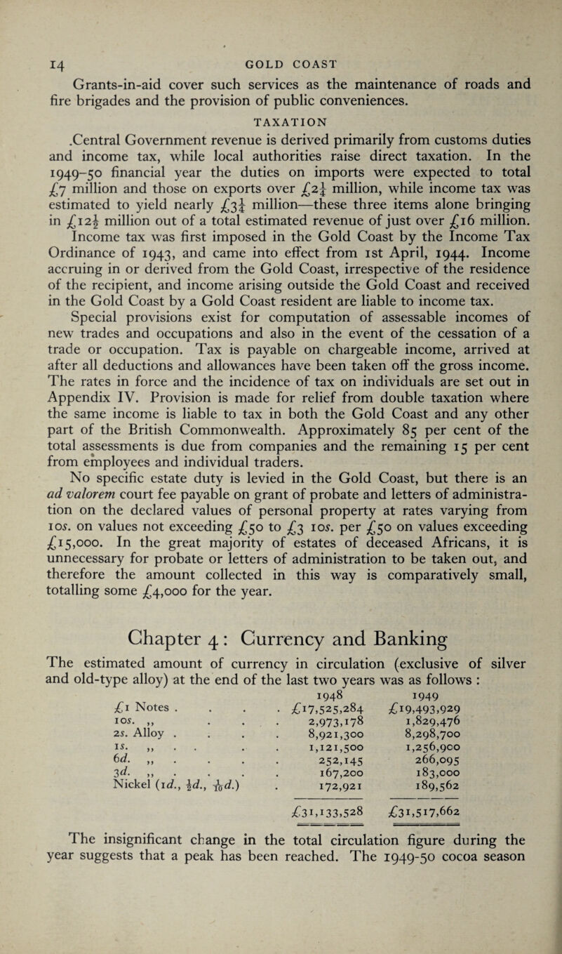 Grants-in-aid cover such services as the maintenance of roads and fire brigades and the provision of public conveniences. TAXATION .Central Government revenue is derived primarily from customs duties and income tax, while local authorities raise direct taxation. In the 1949-50 financial year the duties on imports were expected to total £7 million and those on exports over £2 J million, while income tax was estimated to yield nearly £3^ million—these three items alone bringing in £i2\ million out of a total estimated revenue of just over £16 million. Income tax was first imposed in the Gold Coast by the Income Tax Ordinance of 1943, and came into effect from 1st April, 1944. Income accruing in or derived from the Gold Coast, irrespective of the residence of the recipient, and income arising outside the Gold Coast and received in the Gold Coast by a Gold Coast resident are liable to income tax. Special provisions exist for computation of assessable incomes of new trades and occupations and also in the event of the cessation of a trade or occupation. Tax is payable on chargeable income, arrived at after all deductions and allowances have been taken off the gross income. The rates in force and the incidence of tax on individuals are set out in Appendix IV. Provision is made for relief from double taxation where the same income is liable to tax in both the Gold Coast and any other part of the British Commonwealth. Approximately 85 per cent of the total assessments is due from companies and the remaining 15 per cent from employees and individual traders. No specific estate duty is levied in the Gold Coast, but there is an ad valorem court fee payable on grant of probate and letters of administra¬ tion on the declared values of personal property at rates varying from 1 os. on values not exceeding £50 to £2 10s. per £50 on values exceeding £15,000. In the great majority of estates of deceased Africans, it is unnecessary for probate or letters of administration to be taken out, and therefore the amount collected in this way is comparatively small, totalling some £4,000 for the year. Chapter 4 : Currency and Banking The estimated amount of currency in circulation (exclusive of silver and old-type alloy) at the end of the last two years was as follows : 1948 1949 £1 Notes . • £17,525,284 £19,493,929 105. ,, 2,973,178 1,829,476 25. Alloy . 8,921,300 8,298,700 is. ,, . . 1,121,500 1,256,900 6 d. . 252,145 266,095 3d* »> • . 167,200 183,000 Nickel (is?., \d., -fad.) 172,921 189,562 £31,133,528 £31,517,662 The insignificant change in the total circulation figure during the year suggests that a peak has been reached. The 1949-50 cocoa season