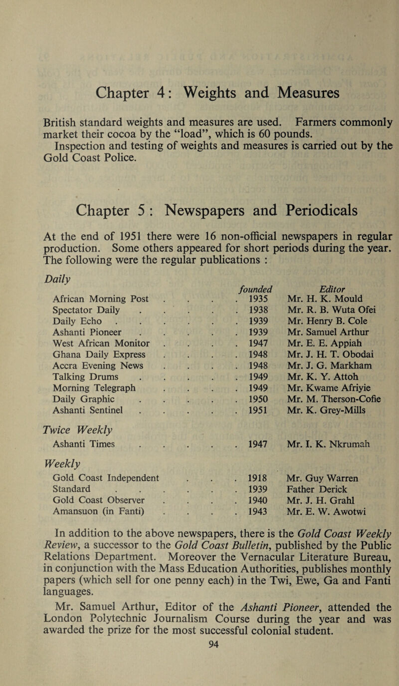Chapter 4: Weights and Measures British standard weights and measures are used. Farmers commonly market their cocoa by the “load”, which is 60 pounds. Inspection and testing of weights and measures is carried out by the Gold Coast Police. Chapter 5 : Newspapers and Periodicals At the end of 1951 there were 16 non-official newspapers in regular production. Some others appeared for short periods during the year. The following were the regular publications : Daily African Morning Post Spectator Daily Daily Echo Ashanti Pioneer West African Monitor Ghana Daily Express Accra Evening News Talking Drums Morning Telegraph Daily Graphic Ashanti Sentinel Twice Weekly Ashanti Times founded . 1935 Mr. . 1938 Mr. . 1939 Mr. . 1939 Mr. . 1947 Mr. . 1948 Mr. . 1948 Mr. . 1949 Mr. . 1949 Mr. . 1950 Mr. . 1951 Mr. . 1947 Mr. Editor H. K. Mould R. B. Wuta Ofei Henry B. Cole Samuel Arthur E. E. Appiah J. H. T. Obodai J. G. Markham K. Y. Attoh Kwame Afriyie M. Therson-Cofie K. Grey-Mills I. K. Nkrumah Weekly Gold Coast Independent Standard Gold Coast Observer Amansuon (in Fanti) 1918 Mr. Guy Warren 1939 Father Derick 1940 Mr. J. H. Grahl 1943 Mr. E. W. Awotwi In addition to the above newspapers, there is the Gold Coast Weekly Review, a successor to the Gold Coast Bulletin, published by the Public Relations Department. Moreover the Vernacular Literature Bureau, in conjunction with the Mass Education Authorities, publishes monthly papers (which sell for one penny each) in the Twi, Ewe, Ga and Fanti languages. Mr. Samuel Arthur, Editor of the Ashanti Pioneer, attended the London Polytechnic Journalism Course during the year and was awarded the prize for the most successful colonial student.