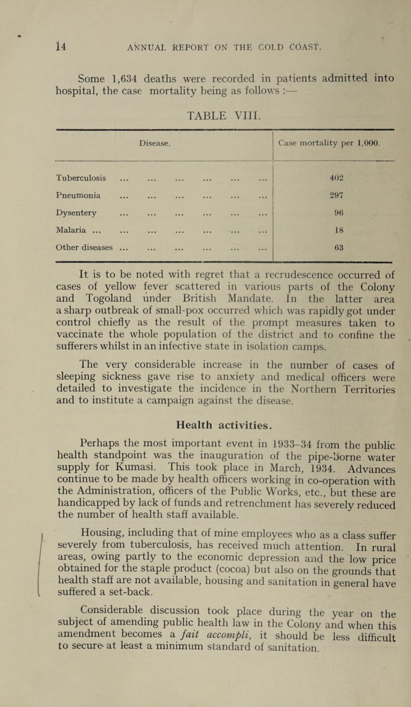 Some 1,634 deaths were recorded in patients admitted into hospital, the case mortality being as follows :— TABLE VIII. Disease. Case mortality per 1,000. Tuberculosis 402 Pneumonia 297 Dysentery 96 IVIcllcLTTcl ••• ••• ••• ••• ••• ••• 18 Other diseases ... 63 It is to be noted with regret that a recrudescence occurred of cases of yellow fever scattered in various parts of the Colony and Togoland under British Mandate. In the latter area a sharp outbreak of small-pox occurred which was rapidly got under control chiefly as the result of the prompt measures taken to vaccinate the whole population of the district and to confine the sufferers whilst in an infective state in isolation camps. The very considerable increase in the number of cases of sleeping sickness gave rise to anxiety and medical officers were detailed to investigate the incidence in the Northern Territories and to institute a campaign against the disease. Health activities. Perhaps the most important event in 1933-34 from the public health standpoint was the inauguration of the pipe-borne water supply for Kumasi. This took place in March, 1934. Advances continue to be made by health officers working in co-operation with the Administration, officers of the Public Works, etc., but these are handicapped by lack of funds and retrenchment has severely reduced the number of health staff available. Housing, including that of mine employees who as a class suffer severely from tuberculosis, has received much attention. In rural areas, owing partly to the economic depression and the low price obtained for the staple product (cocoa) but also on the grounds that health staff are not available, housing and sanitation in general have suffered a set-back. Considerable discussion took place during the year on the subject of amending public health law in the Colony and when this amendment becomes a fait accompli, it should be less difficult to secure at least a minimum standard of sanitation.
