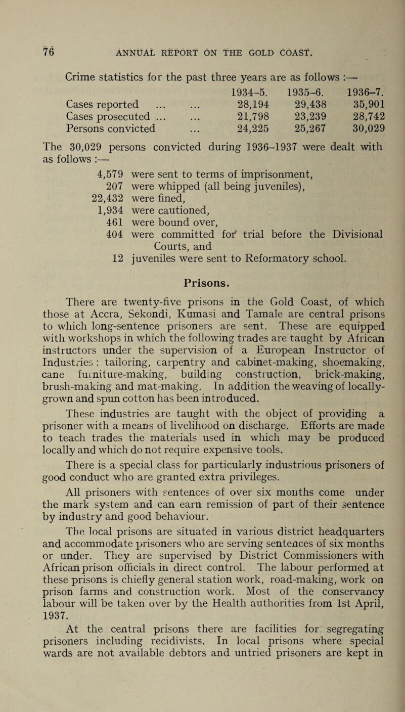 Crime statistics for the past three years are as follows :— 1934-5. 1935-6. 1936-7. 28,194 29,438 35,901 21,798 23,239 28,742 24,225 25,267 30,029 Cases reported Cases prosecuted . Persons convicted The 30,029 persons convicted during 1936-1937 were dealt with as follows :— 4,579 were sent to terms of imprisonment, 207 were whipped (all being juveniles), 22,432 were fined, 1,934 were cautioned, 461 were bound over, 404 were committed for trial before the Divisional Courts, and 12 juveniles were sent to Reformatory school. Prisons There are twenty-five prisons in the Gold Coast, of which those at Accra, Sekondi, Kumasi and Tamale are central prisons to which long-sentence prisoners are sent. These are equipped with workshops in which the following trades are taught by African instructors under the supervision of a European Instructor of Industries : tailoring, carpentry and cabinet-making, shoemaking, cane furniture-making, building construction, brick-making, brush-making and mat-making. In addition the weaving of locally- grown and spun cotton has been introduced. These industries are taught with the object of providing a prisoner with a means of livelihood on discharge. Efforts are made to teach trades the materials used in which may be produced locally and which do not require expensive tools. There is a special class for particularly industrious prisoners of good conduct who are granted extra privileges. All prisoners with sentences of over six months come under the mark system and can earn remission of part of their sentence by industry and good behaviour. The local prisons are situated in various district headquarters and accommodate prisoners who are serving sentences of six months or under. They are supervised by District Commissioners with African prison officials in direct control. The labour performed at these prisons is chiefly general station work, road-making, work on prison farms and construction work. Most of the conservancy labour will be taken over by the Health authorities from 1st April, 1937. At the central prisons there are facilities for segregating prisoners including recidivists. In local prisons where special wards are not available debtors and untried prisoners are kept in
