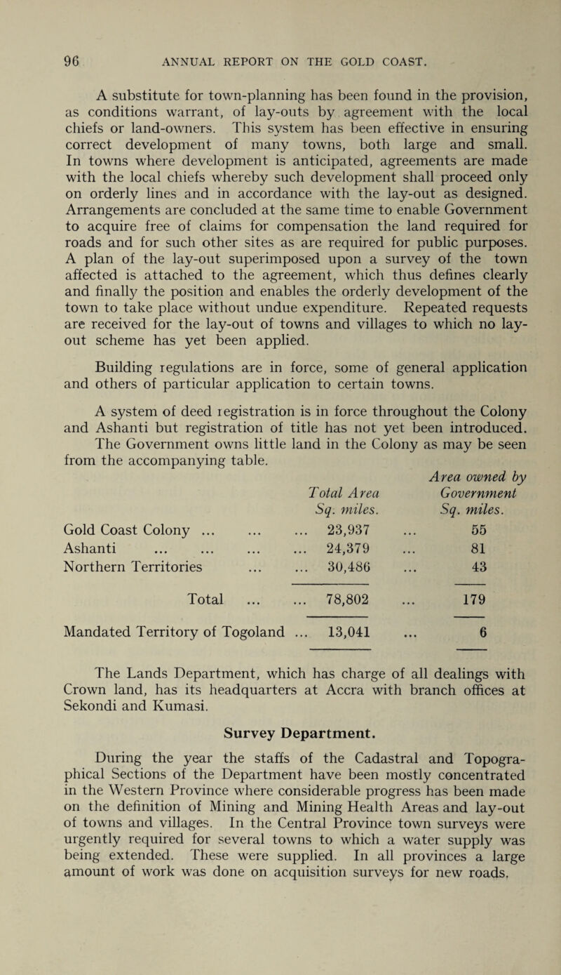 A substitute for town-planning has been found in the provision, as conditions warrant, of lay-outs by agreement with the local chiefs or land-owners. This system has been effective in ensuring correct development of many towns, both large and small. In towns where development is anticipated, agreements are made with the local chiefs whereby such development shall proceed only on orderly lines and in accordance with the lay-out as designed. Arrangements are concluded at the same time to enable Government to acquire free of claims for compensation the land required for roads and for such other sites as are required for public purposes. A plan of the lay-out superimposed upon a survey of the town affected is attached to the agreement, which thus defines clearly and finalty the position and enables the orderly development of the town to take place without undue expenditure. Repeated requests are received for the lay-out of towns and villages to which no lay¬ out scheme has yet been applied. Building regulations are in force, some of general application and others of particular application to certain towns. A system of deed legistration is in force throughout the Colony and Ashanti but registration of title has not yet been introduced. The Government owns little land in the Colony as may be seen from the accompanying table. Total Area Area owned by Government Sq. miles. Sq. miles. Gold Coast Colony ... ... 23,937 55 Ashanti ... 24,379 81 Northern Territories ... 30,486 43 Total ... 78,802 179 Mandated Territory of Togoland ... 13,041 ... 6 The Lands Department, which has charge of all dealings with Crown land, has its headquarters at Accra with branch offices at Sekondi and Kumasi. Survey Department. During the year the staffs of the Cadastral and Topogra¬ phical Sections of the Department have been mostly concentrated in the Western Province where considerable progress has been made on the definition of Mining and Mining Health Areas and lay-out of towns and villages. In the Central Province town surveys were urgently required for several towns to which a water supply was being extended. These were supplied. In all provinces a large amount of work was done on acquisition surveys for new roads.