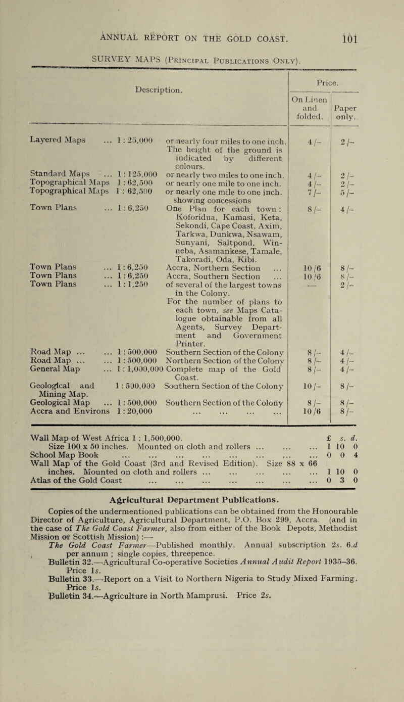 SURVEY MAPS (Principal Publications Only). Layered Maps Standard Maps Topographical Maps Topographical Maps Town Plans Town Plans Town Plans Town Plans Road Map ... Road Map ... General Map Geological and Mining Map. Geological Map Accra and Environs Description. On Linen and folded. Paper only. 1: 25,000 or nearly four miles to one inch. The height of the ground is indicated by different colours. 4/- 2 h 1:125,000 or nearly two miles to one inch. 4 /— 2/- 1 : 62,500 or nearly one mile to one inch. 4/- 2/- 1 : 62,500 or nearly one mile to one inch, showing concessions 7/- 5 /- 1 : 6,250 One Plan for each town : Koforidua, Kumasi, Keta, Sekondi, Cape Coast, Axim, Tarkwa, Dunkwa, Nsawam, Sunyani, Saltpond, Win- neba, Asamankese, Tamale, Takoradi, Oda, Kibi. 8/- 4/- 1 : 6,250 Accra, Northern Section 10/6 8/- 1 : 6,250 Accra, Southern Section 10/6 8 /- 1 : 1,250 of several of the largest towns in the Colony. For the number of plans to each town, see Maps Cata¬ logue obtainable from all Agents, Survey Depart¬ ment and Government Printer. 2/- 1: 500,000 Southern Section of the Colony 8 h 4/- 1 : 500,000 Northern Section of the Colony 8/- 4/- 1 : 1,000,000 Complete map of the Gold Coast. 8/- 4/- 1 : 500,000 Southern Section of the Colony 10/- 8/- 1: 500,000 Southern Section of the Colony 8/- 8 /- 1:20,000 ••• 10/6 8/- Price. Wall Map of West Africa 1 : 1,500,000. £ s. d. Size 100 x 50 inches. Mounted on cloth and rollers ... ... ... 1 10 0 School Map Book ... ... ... ... ... ... ... ... 0 0 4 Wall Map of the Gold Coast (3rd and Revised Edition). Size 88 x 66 inches. Mounted on cloth and rollers ... ... ... ... ... 110 0 Atlas of the Gold Coast ... ... ... ... ... ... ... 0 3 0 Agricultural Department Publications. Copies of the undermentioned publications can be obtained from the Honourable Director of Agriculture, Agricultural Department, P.O. Box 299, Accra, (and in the case of The Gold Coast Farmer, also from either of the Book Depots, Methodist Mission or Scottish Mission) :— The Gold Coast Farmer—Published monthly. Annual subscription 2s. 6.d per annum ; single copies, threepence. Bulletin 32.—Agricultural Co-operative Societies Annual Audit Report 1935—36. Price Is. Bulletin 33.—Report on a Visit to Northern Nigeria to Study Mixed Farming. Price Is. bulletin 34.-^—Agriculture in North Mamprusi. Price 2s.
