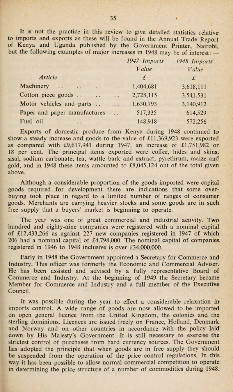 It is not the practice in this review to give detailed statistics relative to imports and exports as these will be found in the Annual Trade Report of Kenya and Uganda published by the Government Printer, Nairobi, but the following examples of major increases in 1948 may be of interest: — 1947 Imports 1948 Imports Value Value Article Machinery Cotton piece goods Motor vehicles and parts . . Paper and paper manufactures Fuel oil £ £ 1,404,681 3,618,111 2,728,115 3,54.1,531 1,630,793 3,140,912 517,335 614,529 148,918 572,256 Exports of domestic produce from Kenya during 1948 continued to show a steady increase and goods to the value of £11,369,923 were exported as compared with £9,617,941 during 1947, an increase of £1,751,982 or 18 per cent. The principal items exported were coffee, hides and skins, sisal, sodium carbonate, tea, wattle bark and extract, pyrethrum, maize and gold, and in 1948 these items amounted to £8,045,124 out of the total given • above. Although a considerable proportion of the goods imported were capital goods required for development there are indications that some over¬ buying took place in regard to a limited number of ranges of consumer goods. Merchants are carrying heavier stocks and some goods are in such free supply that a buyers’ market is beginning to operate. The year was one of great commercial and industrial activity. Two hundred and eighty-nine companies were registered with a nominal capital of £12,433,266 as against 227 new companies registered in 1947 of which 206 had a nominal capital of £4,798,000. The nominal capital of companies registered in 1946 to 1948 inclusive is over £34,000,000. Early in 1948 the Government appointed a Secretary for Commerce and Industry. This officer was formerly the Economic and Commercial Adviser. He has been assisted and advised by a fully representative Board of Commerce and Industry. At the beginning of 1949 the Secretary became Member for Commerce and Industry and a full member of the Executive Council. It was possible during the year to effect a considerable relaxation in imports control. A wide range of goods are now allowed to be imported on open general licence from the United Kingdom, the colonies and the sterling dominions. Licences are issued freely on France, Holland, Denmark and Norway and on other countries in accordance with the policy laid down by His Majesty’s Government. It is still necessary to exercise the strictest control of purchases from hard currency sources. The Government has adopted the principle that when goods are in free supply they should be suspended from the operation of the price control regulations. In this way it has been possible to allow normal commercial competition to operate in determining the price structure of a number of commodities during 1948..