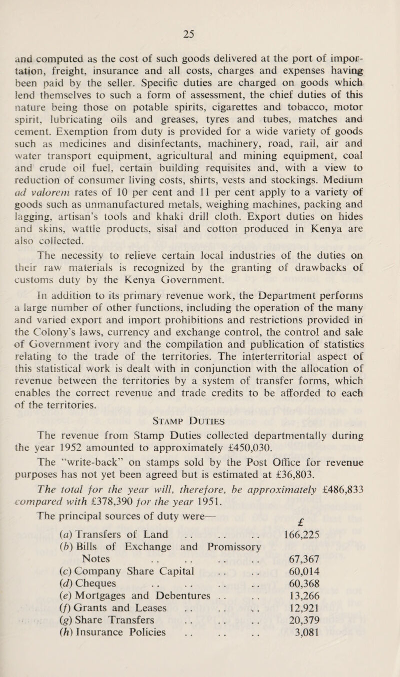 and computed as the cost of such goods delivered at the port of impor¬ tation, freight, insurance and all costs, charges and expenses having been paid by the seller. Specific duties are charged on goods which lend themselves to such a form of assessment, the chief duties of this nature being those on potable spirits, cigarettes and tobacco, motor spirit, lubricating oils and greases, tyres and tubes, matches and cement. Exemption from duty is provided for a wide variety of goods such as medicines and disinfectants, machinery, road, rail, air and water transport equipment, agricultural and mining equipment, coal and crude oil fuel, certain building requisites and, with a view to reduction of consumer living costs, shirts, vests and stockings. Medium ad valorem rates of 10 per cent and 11 per cent apply to a variety of goods such as unmanufactured metals, weighing machines, packing and lagging, artisan’s tools and khaki drill cloth. Export duties on hides and skins, wattle products, sisal and cotton produced in Kenya are also collected. The necessity to relieve certain local industries of the duties on their raw materials is recognized by the granting of drawbacks of customs duty by the Kenya Government. in addition to its primary revenue work, the Department performs a large number of other functions, including the operation of the many and varied export and import prohibitions and restrictions provided in the Colony's laws, currency and exchange control, the control and sale of Government ivory and the compilation and publication of statistics relating to the trade of the territories. The interterritorial aspect of this statistical work is dealt with in conjunction with the allocation of revenue between the territories by a system of transfer forms, which enables the correct revenue and trade credits to be afforded to each of the territories. Stamp Duties The revenue from Stamp Duties collected departmentally during the year 1952 amounted to approximately £450,030. The “write-back on stamps sold by the Post Office for revenue purposes has not yet been agreed but is estimated at £36,803. The total for the year will, therefore, he approximately £486,833 compared with £378,390 for the year 1951. The principal sources of duty were— £ (a) Transfers of Land (b) Bills of Exchange and Promissory £ 166,225 Notes (c) Company Share Capital (d) Cheques (e) Mortgages and Debentures (/) Grants and Leases (g) Share Transfers (h) Insurance Policies 67.367 60,014 60.368 13,266 12,921 20,379 3,081