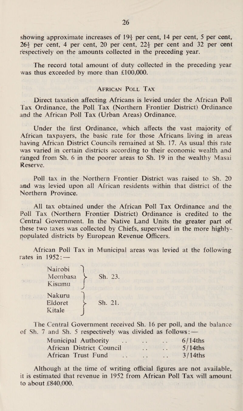 showing approximate increases of 19| per cent, 14 per cent, 5 per cent, 26} per cent, 4 per cent, 20 per cent, 22\ per cent and 32 per cent respectively on the amounts collected in the preceding year. The record total amount of duty collected in the preceding year was thus exceeded by more than £100,000. African Poll Tax Direct taxation affecting Africans is levied under the African Poll Tax Ordinance, the Poll Tax (Northern Frontier District) Ordinance and the African Poll Tax (Urban Areas) Ordinance. Under the first Ordinance, which affects the vast majority of African taxpayers, the basic rate for those Africans living in areas having African District Councils remained at Sh. 17. As usual this rate was varied in certain districts according to their economic wealth and ranged from Sh. 6 in the poorer areas to Sh. 19 in the wealthy Masai Reserve. Poll tax in the Northern Frontier District was raised to Sh. 20 and was levied upon all African residents within that district of the Northern Province. All tax obtained under the African Poll Tax Ordinance and the Poll Tax (Northern Frontier District) Ordinance is credited to the Central Government. In the Native Land Units the greater part of these two taxes was collected by Chiefs, supervised in the more highly- populated districts by European Revenue Officers. African Poll Tax in Municipal areas was levied at the following rates in 1952: — Nairobi ] Mombasa Sh. 23. Kisumu j Nakuru ) Eldoret y Sh. 21. Kitale J The Central Government received Sh. 16 per poll, and the balance of Sh. 7 and Sh. 5 respectively was divided as follows: — Municipal Authority .. .. .. 6/14ths African District Council .. .. 5/14ths African Trust Fund .. .. .. 3/14ths Although at the time of writing official figures are not available,, it is estimated that revenue in 1952 from African Poll Tax will amount to about £840,000.