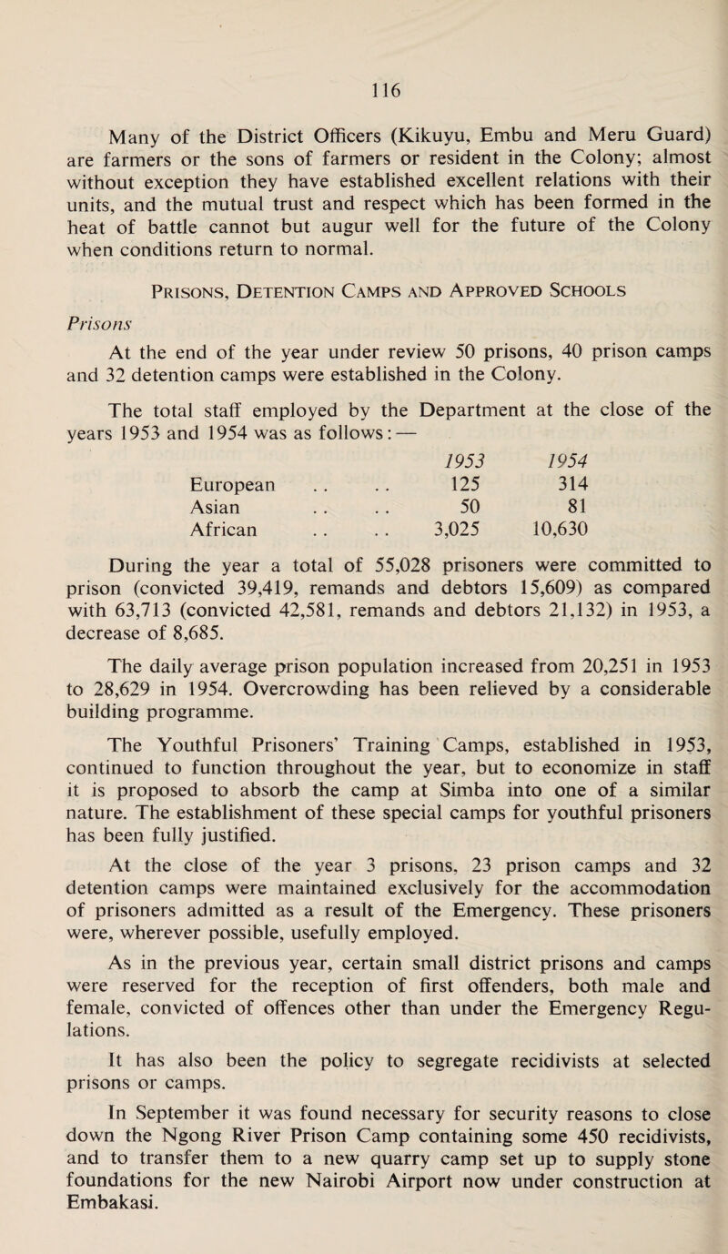 Many of the District Officers (Kikuyu, Embu and Meru Guard) are farmers or the sons of farmers or resident in the Colony; almost without exception they have established excellent relations with their units, and the mutual trust and respect which has been formed in the heat of battle cannot but augur well for the future of the Colony when conditions return to normal. Prisons, Detention Camps and Approved Schools Prisons At the end of the year under review 50 prisons, 40 prison camps and 32 detention camps were established in the Colony. The total staff employed by the Department at the close of the years 1953 and 1954 was as follows: — 1953 1954 European 125 314 Asian 50 81 African 3,025 10,630 During the year a total of 55,028 prisoners were committed to prison (convicted 39,419, remands and debtors 15,609) as compared with 63,713 (convicted 42,581, remands and debtors 21,132) in 1953, a decrease of 8,685. The daily average prison population increased from 20,251 in 1953 to 28,629 in 1954. Overcrowding has been relieved by a considerable building programme. The Youthful Prisoners’ Training Camps, established in 1953, continued to function throughout the year, but to economize in staff it is proposed to absorb the camp at Simba into one of a similar nature. The establishment of these special camps for youthful prisoners has been fully justified. At the close of the year 3 prisons, 23 prison camps and 32 detention camps were maintained exclusively for the accommodation of prisoners admitted as a result of the Emergency. These prisoners were, wherever possible, usefully employed. As in the previous year, certain small district prisons and camps were reserved for the reception of first offenders, both male and female, convicted of offences other than under the Emergency Regu¬ lations. It has also been the policy to segregate recidivists at selected prisons or camps. In September it was found necessary for security reasons to close down the Ngong River Prison Camp containing some 450 recidivists, and to transfer them to a new quarry camp set up to supply stone foundations for the new Nairobi Airport now under construction at Embakasi.