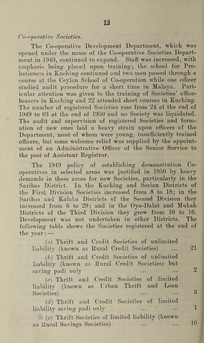 Co-operot ive Societies. A. The Co-operative Development Department, which was opened under the name of the Co-operative Societies Depart¬ ment in 1949, continued to expand. Staff was increased, with emphasis being placed upon training; the school for Pro¬ bationers in Kuching continued and two men passed through a course at the Ceylon School of Co-operation while one officer studied audit procedure for a short time in Malaya. Part¬ icular attention was given to the training of Societies’ office¬ bearers in Kuching and 22 attended short courses in Kuching. The number of registered Societies rose from 24 at the end of 1949 to 63 at the end of 1950 and no Society was liquidated. The audit and supervision of registered Societies and form¬ ation of new ones laid a heavy strain upon officers of the Department., most of whom were young, insufficiently trained officers, but some welcome relief was supplied by the appoint¬ ment of an Administrative Officer of the Senior Service to the post of Assistant Registrar. The 1949 policy of establishing demonstration Co¬ operatives in selected areas was justified in 1950 by heavy demands in these areas for new Societies, particularly in the Saribas District. In the Kuching and Serian Districts of the First Division Societies increased from 8 to 18; in the Saribas and Kalaka Districts of the Second Division they increased from 6 to 29; and in the Ova-Dalat and Mukali Districts of the Third Division they grew from 10 to 16. Development was not undertaken in other Districts. The following table shows the Societies registered at the end of the year:— «✓ (o) Thrift and Credit Societies of unlimited liability (known as Rural Credit Societies) (5) Thrift and Credit Societies of unlimited liability (known as Rural Credit Societies) but saving padi only (c) Thrift and Credit Societies of limited liability (known as I rban Thrift and Loan Societies) (d) Thrift and Credit Societies of limited liability saving padi only (e) Thrift Societies of limited liability (known as Rural Savings Societies) 21 9 3 1 16