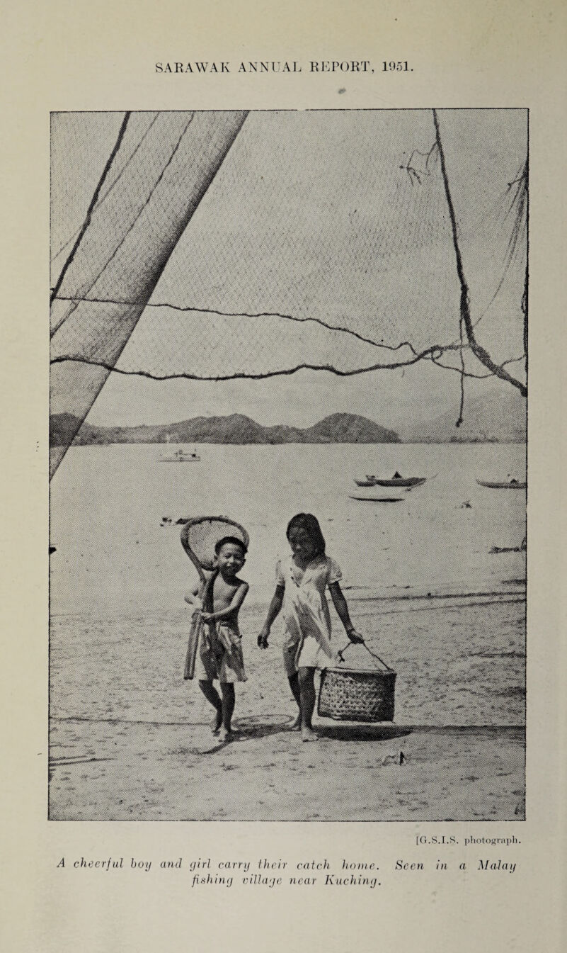 B |J[J .r1*.o8t«e*- i MfiYifo [O.S.I.S. photograph. A cheerful boy and girl carry their catch home, fishing village near Kuching. Seen in a Malay