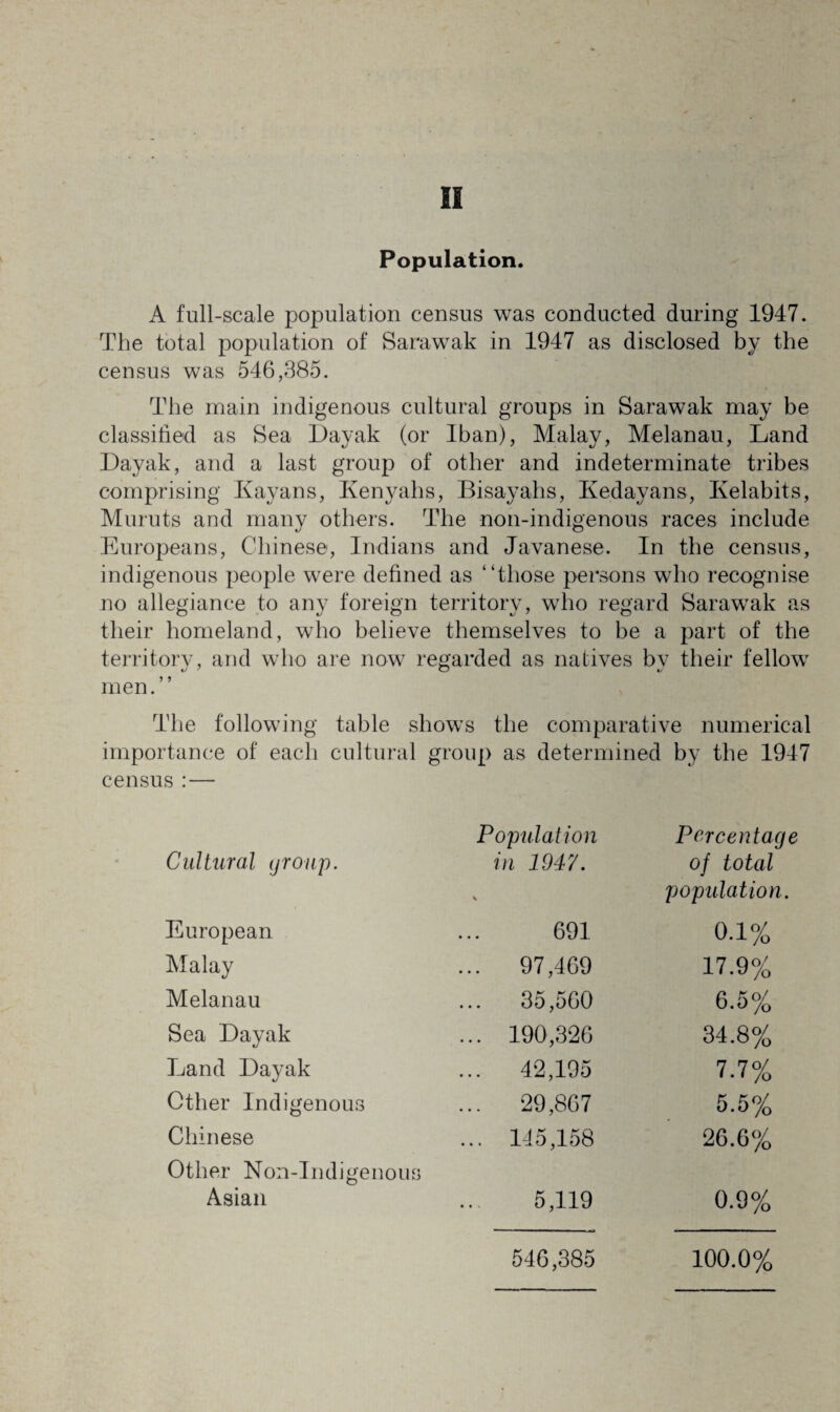 II Population. A full-scale population census was conducted during 1947. The total population of Sarawak in 1947 as disclosed by the census was 546,385. The main indigenous cultural groups in Sarawak may be classified as Sea Dayak (or Iban), Malay, Melanau, Land Dayak, and a last group of other and indeterminate tribes comprising Kayans, Kenyahs, Bisayahs, Kedayans, Ivelabits, Muruts and many others. The non-indigenous races include Europeans, Chinese, Indians and Javanese. In the census, indigenous people were defined as “those persons who recognise no allegiance to any foreign territory, who regard Sarawak as their homeland, who believe themselves to be a part of the territory, and who are now regarded as natives by their fellow men.” The following table shows the comparative numerical importance of each cultural group as determined by the 1947 census : — Cultural group. Population in 1947. Percentage of total European V 691 population. 0.1% Malay ... 97,469 17.9% Melanau ... 35,560 6.5% Sea Dayak ... 190,326 34.8% Land Dayak ... 42,195 7.7% Other Indigenous ... 29,867 5.5% Chinese ... 145,158 26.6% Other Non-indigenous Asian 5,119 0.9% 546,385 100.0%