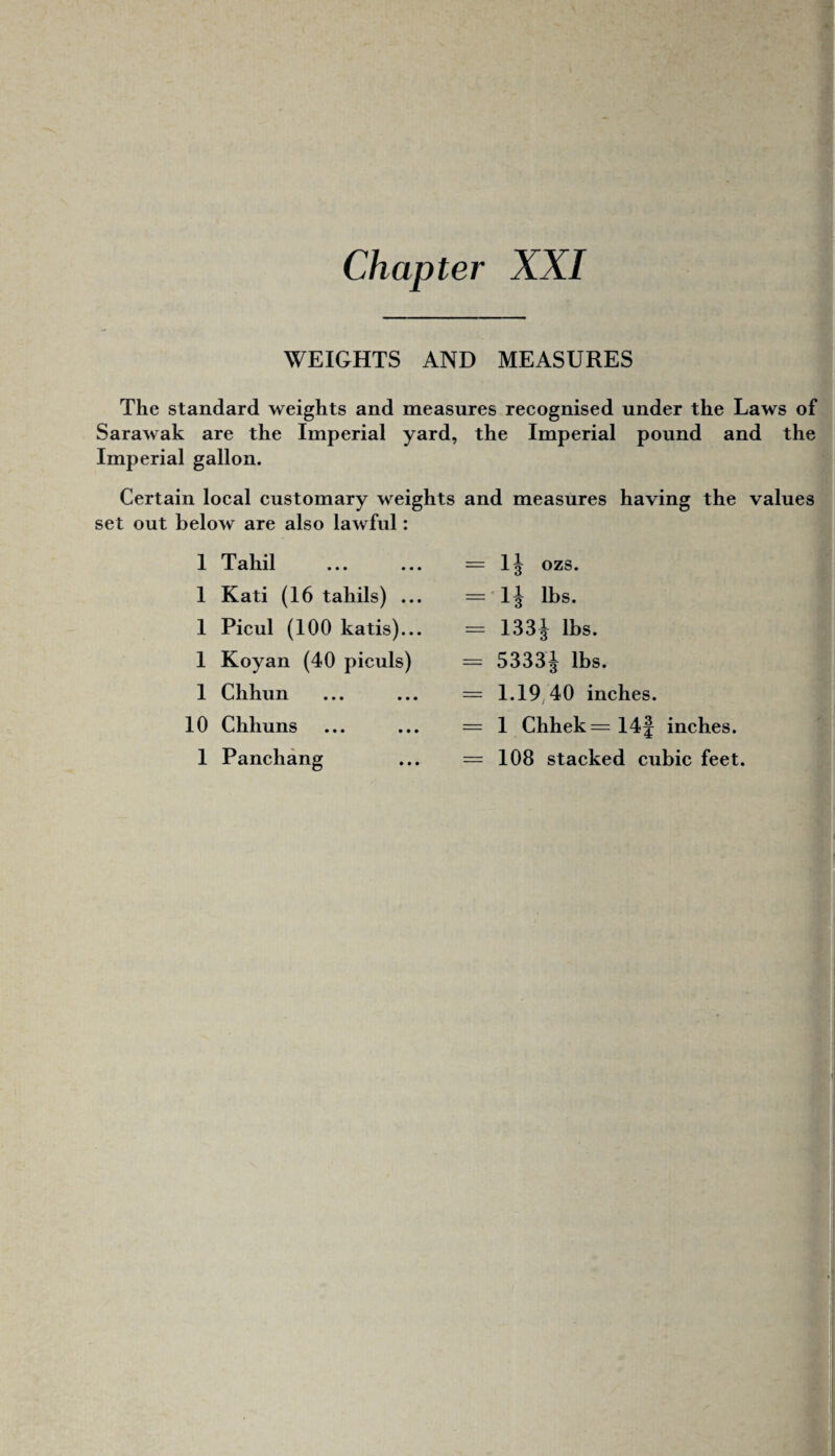 WEIGHTS AND MEASURES The standard weights and measures recognised under the Laws of Sarawak are the Imperial yard, the Imperial pound and the Imperial gallon. Certain local customary weight set out below are also lawful: I Tahil I Kati (16 tahils) ... 1 Picul (100 katis)... 1 Koyan (40 piculs) 1 Chhun 10 Chhuns 1 Panchang and measures having the values = 1^ ozs. = 1|^ lbs. = 1331 lbs. = 53331 lbs. = 1.19/40 inches. = 1 Chhek= 14f inches. = 108 stacked cubic feet.