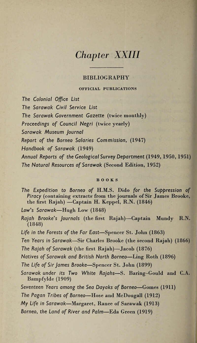 BIBLIOGRAPHY OFFICIAL PUBLICATIONS The Colonial Office List The Sarawak Civil Service List The Sarawak Government Gazette (twice monthly) Proceedings of Council Negri (twice yearly) Sarawak Museum Journal Report of the Borneo Salaries Commission, (1947) Handbook of Sarawak (1949) Annual Reports of the Geological Survey Department (1949, 1950,1951) The Natural Resources of Sarawak (Second Edition, 1952) BOOKS The Expedition to Borneo of H.M.S. Dido for the Suppression of Piracy (containing extracts from the journals of Sir James Brooke, the first Rajah) —Captain H. Keppel, R.N. (1846) Low^s Sarawak—Hugh Low (1848) Rajah Brooke's Journals (the first Rajah)—Captain Mundy R.N. (1848) Life in the Forests of the Far East—Spencer St. John (1863) Ten Years in Sarawak—Sir Charles Brooke (the second Rajah) (1866) The Rajah of Sarawak (the first Rajah)—Jacob (1876) Natives of Sarawak and British North Borneo—Ling Roth (1896) The Life of Sir James Brooke—Spencer St. John (1899) Sarawak under its Two White Rajahs—S. Baring-Gould and C.A. Bampfylde (1909) Seventeen Years among the Sea Dayaks of Borneo—Gomes (1911) The Pagan Tribes of Borneo—Hose and McDougall (1912) My Life in Sarawak—Margaret, Ranee of Sarawak (1913) Borneo, the Land of River and Palm—Eda Green (1919)