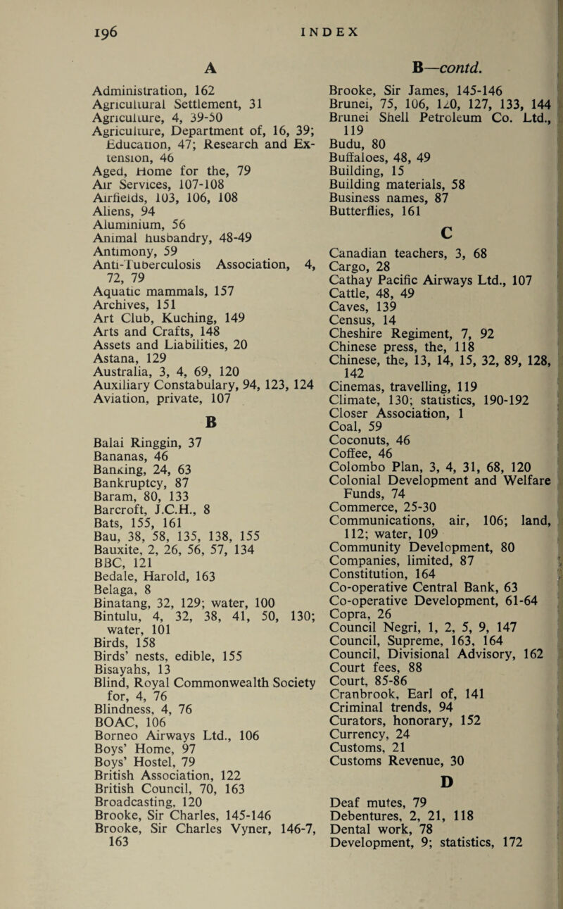 A Administration, 162 Agncuiiurai Settlement, 31 Agricui Hire, 4, 39-30 Agriculture, Department of, 16, 39; Education, 47; Research and Ex¬ tension, 46 Aged, Eome for the, 79 Air Services, 107-108 Airfields, 103, 106, 108 Aliens, 94 Aluminium, 56 Animal husbandry, 48-49 Antimony, 59 Anti-Tuberculosis Association, 4, 72, 79 Aquatic mammals, 157 Archives, 151 Art Club, Kuching, 149 Arts and Crafts, 148 Assets and Liabilities, 20 Astana, 129 Australia, 3, 4, 69, 120 Auxiliary Constabulary, 94, 123, 124 Aviation, private, 107 B Balai Ringgin, 37 Bananas, 46 Banxing, 24, 63 Bankruptcy, 87 Baram, 80, 133 Barcroft, J.C.H., 8 Bats, 155, 161 Bau, 38, 58, 135, 138, 155 Bauxite, 2, 26, 56, 57, 134 BBC, 121 Bedale, Harold, 163 Belaga, 8 Binatang, 32, 129; water, 100 Bintulu, 4, 32, 38, 41, 50, 130; water, 101 Birds, 158 Birds’ nests, edible, 155 Bisayahs, 13 Blind, Royal Commonwealth Society for, 4, 76 Blindness, 4, 76 BO AC, 106 Borneo Airways Ltd., 106 Boys’ Home, 97 Boys’ Hostel, 79 British Association, 122 British Council, 70, 163 Broadcasting, 120 Brooke, Sir Charles, 145-146 Brooke, Sir Charles Vyner, 146-7, 163 B—contd. Brooke, Sir James, 145-146 Brunei, 75, 106, 1/0, 127, 133, 144 Brunei Shell Petroleum Co. Ltd., 119 Budu, 80 Buffaloes, 48, 49 Building, 15 Building materials, 58 Business names, 87 Butterflies, 161 c Canadian teachers, 3, 68 Cargo, 28 Cathay Pacific Airways Ltd., 107 Cattle, 48, 49 Caves, 139 Census, 14 Cheshire Regiment, 7, 92 Chinese press, the, 118 Chinese, the, 13, 14, 15, 32, 89, 128, 142 Cinemas, travelling, 119 Climate, 130; statistics, 190-192 Closer Association, 1 Coal, 59 Coconuts, 46 Coffee, 46 Colombo Plan, 3, 4, 31, 68, 120 Colonial Development and Welfare Funds, 74 Commerce, 25-30 Communications, air, 106; land, 112; water, 109 Community Development, 80 Companies, limited, 87 Constitution, 164 Co-operative Central Bank, 63 Co-operative Development, 61-64 Copra, 26 Council Negri, 1, 2, 5, 9, 147 Council, Supreme, 163, 164 Council, Divisional Advisory, 162 Court fees, 88 Court, 85-86 Cranbrook, Earl of, 141 Criminal trends, 94 Curators, honorary, 152 Currency, 24 Customs, 21 Customs Revenue, 30 D Deaf mutes, 79 Debentures, 2, 21, 118 Dental work, 78 Development, 9; statistics, 172