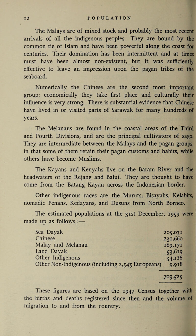 The Malays are of mixed stock and probably the most recent arrivals of all the indigenous peoples. They are bound by the common tie of Islam and have been powerful along the coast for centuries. Their domination has been intermittent and at times must have been almost non-existent, but it was sufficiently effective to leave an impression upon the pagan tribes of the seaboard. Numerically the Chinese are the second most important group; economically they take first place and culturally their influence is very strong. There is substantial evidence that Chinese have lived in or visited parts of Sarawak for many hundreds of years. The Melanaus are found in the coastal areas of the Third and Fourth Divisions, and are the principal cultivators of sago. They are intermediate between the Malays and the pagan groups, in that some of them retain their pagan customs and habits, while others have become Muslims. The Kayans and Kenyahs live on the Baram River and the headwaters of the Rejang and Balui. They are thought to have come from the Batang Kayan across the Indonesian border. Other indigenous races are the Muruts, Bisayahs, Kelabits, nomadic Penans, Kedayans, and Dusuns from North Borneo. The estimated populations at the 31st December, 1959 were made up as follows: — Sea Dayak Chinese Malay and Melanau Land Dayak Other Indigenous Other Non-Indigenous (including 2,543 Europeans) These figures are based on the 1947 Census together with the births and deaths registered since then and the volume of migration to and from the country. 205,031 231,660 169,171 53.619 34,126 9,918 703.525