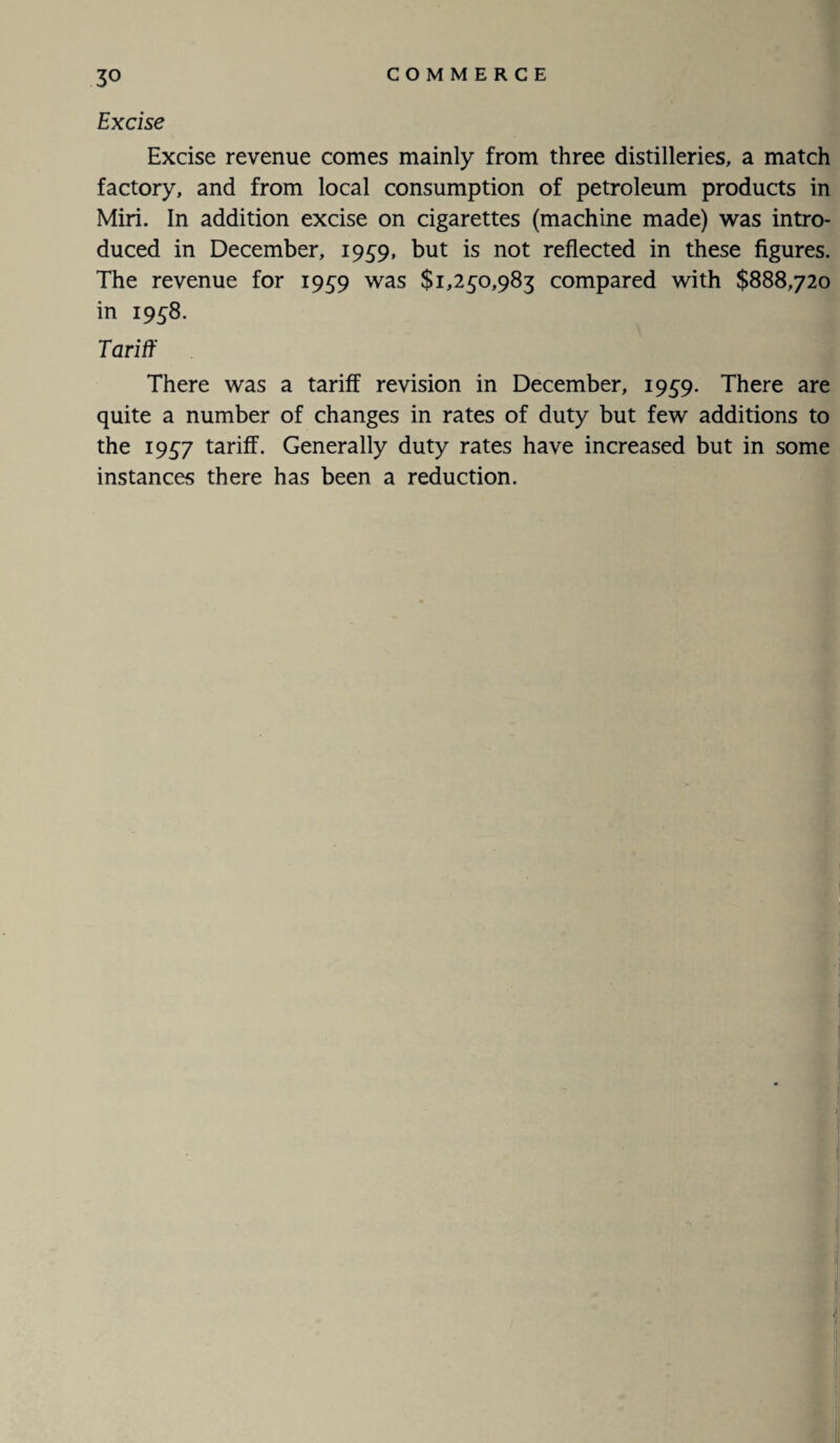 Excise Excise revenue comes mainly from three distilleries, a match factory, and from local consumption of petroleum products in Miri. In addition excise on cigarettes (machine made) was intro¬ duced in December, 1959, but is not reflected in these figures. The revenue for 1959 was $1,250,983 compared with $888,720 in 1958. Tariff There was a tariff revision in December, 1959. There are quite a number of changes in rates of duty but few additions to the 1957 tariff. Generally duty rates have increased but in some instances there has been a reduction.