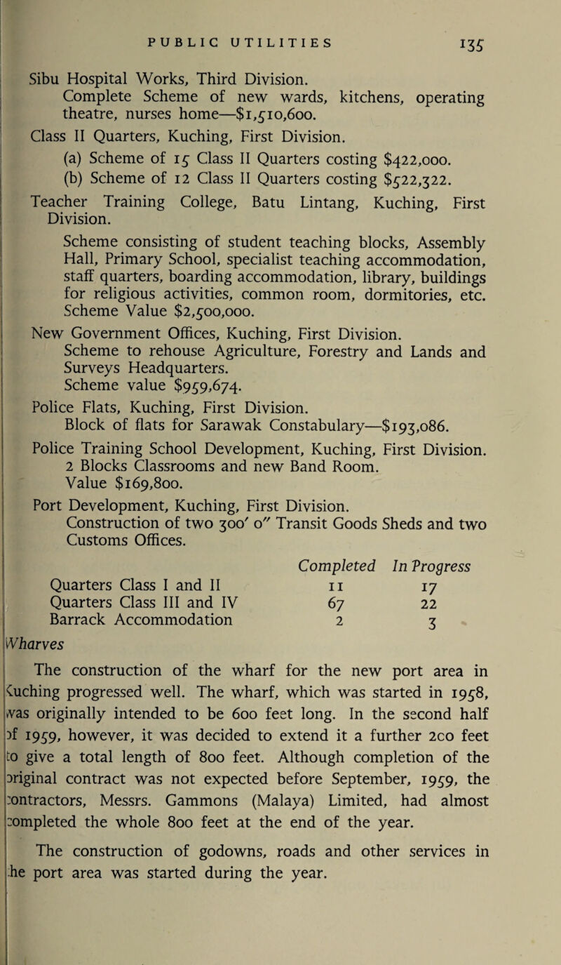 Sibu Hospital Works, Third Division. Complete Scheme of new wards, kitchens, operating theatre, nurses home—$1,510,600. Class II Quarters, Kuching, First Division. (a) Scheme of 15 Class II Quarters costing $422,000. (b) Scheme of 12 Class II Quarters costing $522,322. Teacher Training College, Batu Lintang, Kuching, First Division. Scheme consisting of student teaching blocks. Assembly Hall, Primary School, specialist teaching accommodation, staff quarters, boarding accommodation, library, buildings for religious activities, common room, dormitories, etc. Scheme Value $2,500,000. New Government Offices, Kuching, First Division. Scheme to rehouse Agriculture, Forestry and Lands and Surveys Headquarters. Scheme value $959,674. Police Flats, Kuching, First Division. Block of flats for Sarawak Constabulary—$193,086. Police Training School Development, Kuching, First Division. 2 Blocks Classrooms and new Band Room. Value $169,800. Port Development, Kuching, First Division. Construction of two 300' o Transit Goods Sheds and two Customs Offices. Completed In Progress Quarters Class I and II 11 17 Quarters Class III and IV 67 22 Barrack Accommodation 2 3 Wharves The construction of the wharf for the new port area in Cuching progressed well. The wharf, which was started in 1958, vas originally intended to be 600 feet long. In the second half Df 1959, however, it was decided to extend it a further 2co feet to give a total length of 800 feet. Although completion of the Driginal contract was not expected before September, 1959, the :ontractors, Messrs. Gammons (Malaya) Limited, had almost :ompleted the whole 800 feet at the end of the year. The construction of godowns, roads and other services in he port area was started during the year.