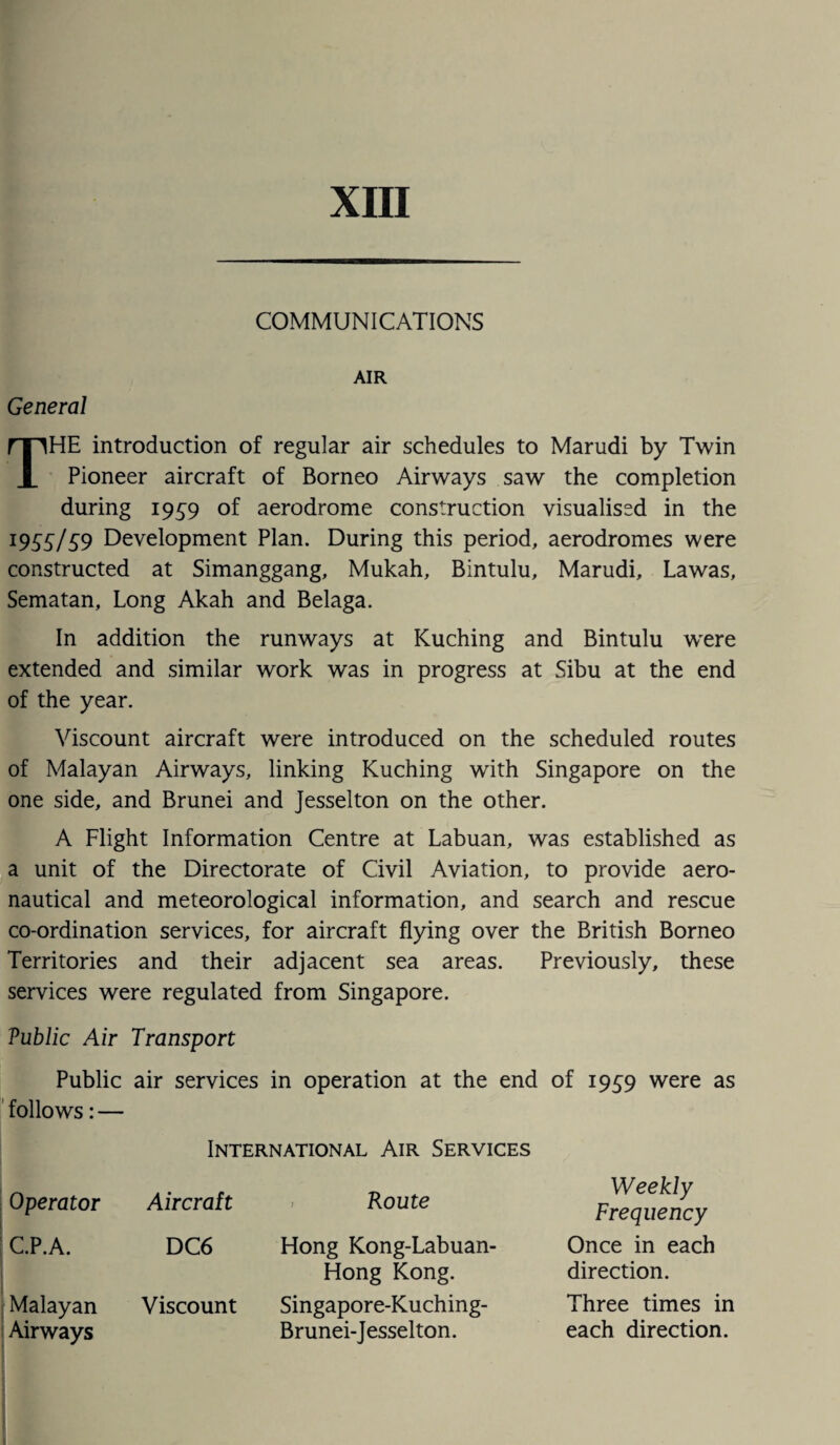 XIII COMMUNICATIONS AIR General HE introduction of regular air schedules to Marudi by Twin Pioneer aircraft of Borneo Airways saw the completion during 1959 of aerodrome construction visualised in the 19S5/59 Development Plan. During this period, aerodromes were constructed at Simanggang, Mukah, Bintulu, Marudi, Lawas, Sematan, Long Akah and Belaga. In addition the runways at Kuching and Bintulu were extended and similar work was in progress at Sibu at the end of the year. Viscount aircraft were introduced on the scheduled routes of Malayan Airways, linking Kuching with Singapore on the one side, and Brunei and Jesselton on the other. A Flight Information Centre at Labuan, was established as a unit of the Directorate of Civil Aviation, to provide aero¬ nautical and meteorological information, and search and rescue co-ordination services, for aircraft flying over the British Borneo Territories and their adjacent sea areas. Previously, these services were regulated from Singapore. Vublic Air Transport Public air services in operation at the end of 1959 were as follows: — Operator C.P.A. Malayan Airways International Air Services Aircraft Route DC6 Hong Kong-Labuan- Hong Kong. Viscount Singapore-Kuching- Brunei-Jesselton. Weekly Frequency Once in each direction. Three times in each direction.