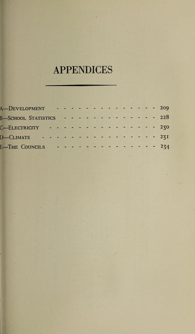 APPENDICES A—Development .209 B—School Statistics.228 C—Electricity .230 D—Climate .231 E—The Councils .234 /