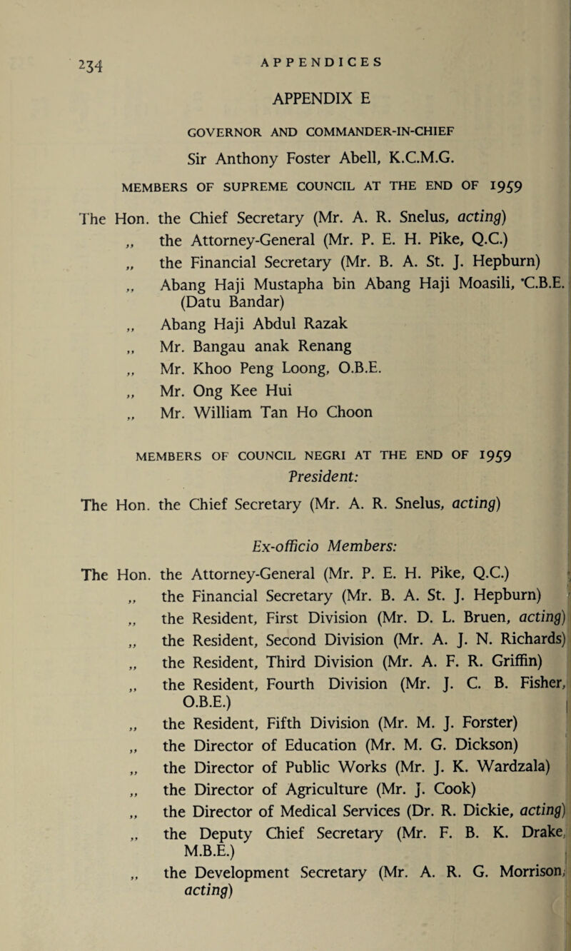 APPENDIX E GOVERNOR AND COMMANDER-IN-CHIEF Sir Anthony Foster Abell, K.C.M.G. MEMBERS OF SUPREME COUNCIL AT THE END OF 1959 The Hon. the Chief Secretary (Mr. A. R. Snelus, acting) „ the Attorney-General (Mr. P. E. H. Pike, Q.C.) „ the Financial Secretary (Mr. B. A. St. J. Hepburn) „ Abang Haji Mustapha bin Abang Haji Moasili, ’C.B.E. (Datu Bandar) „ Abang Haji Abdul Razak ,, Mr. Bangau anak Renang „ Mr. Khoo Peng Loong, O.B.E. „ Mr. Ong Kee Hui „ Mr. William Tan Ho Choon MEMBERS OF COUNCIL NEGRI AT THE END OF 1959 :President: The Hon. the Chief Secretary (Mr. A. R. Snelus, acting) Ex-officio Members: The Hon. the Attorney-General (Mr. P. E. H. Pike, Q.C.) „ the Financial Secretary (Mr. B. A. St. J. Hepburn) „ the Resident, First Division (Mr. D. L. Bruen, acting) „ the Resident, Second Division (Mr. A. J. N. Richards) „ the Resident, Third Division (Mr. A. F. R. Griffin) ,, the Resident, Fourth Division (Mr. J. C. B. Fisher, O.B.E.) „ the Resident, Fifth Division (Mr. M. J. Forster) „ the Director of Education (Mr. M. G. Dickson) „ the Director of Public Works (Mr. J. K. Wardzala) „ the Director of Agriculture (Mr. J. Cook) „ the Director of Medical Services (Dr. R. Dickie, acting) „ the Deputy Chief Secretary (Mr. F. B. K. Drake M.B.E.) „ the Development Secretary (Mr. A. R. G. Morrison, acting)