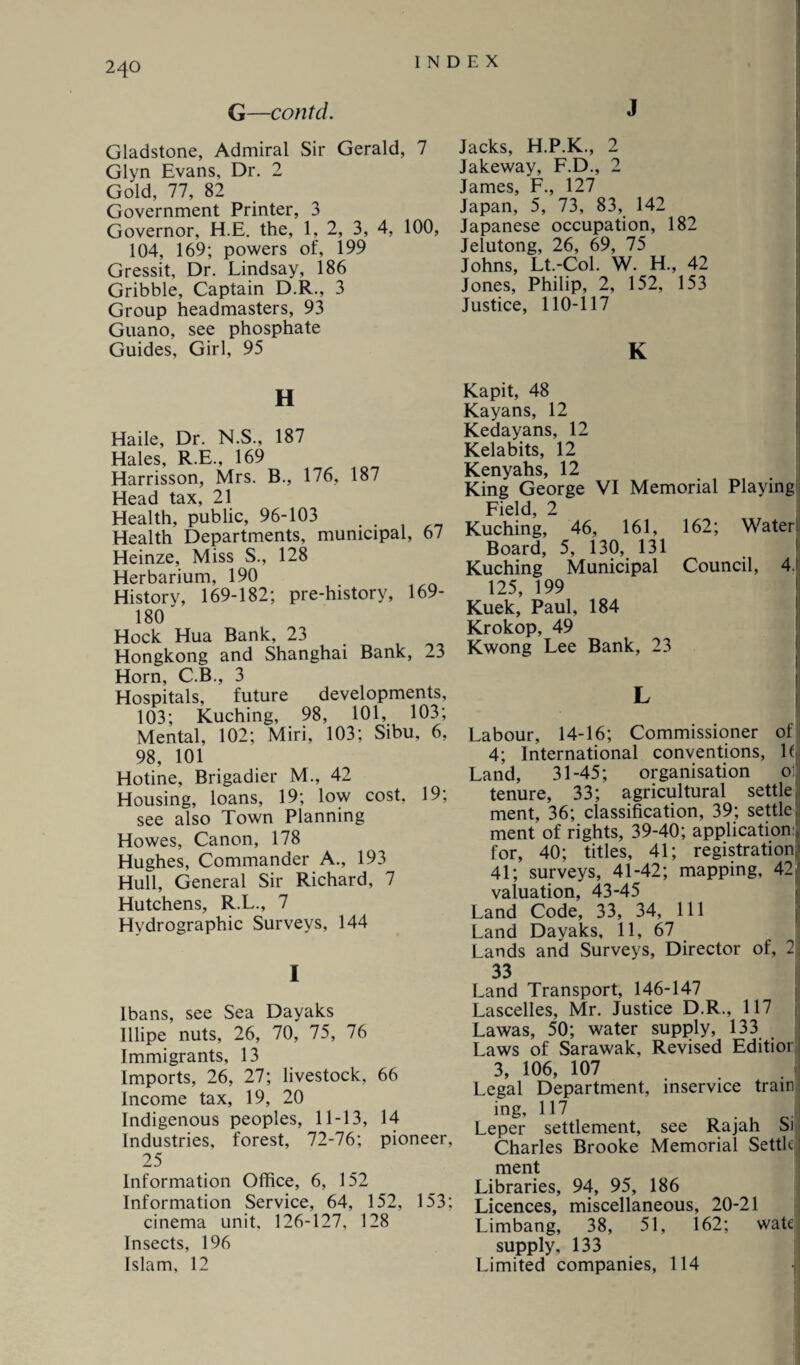 G—contd. Gladstone, Admiral Sir Gerald, 7 Glyn Evans, Dr. 2 Gold, 77, 82 Government Printer, 3 Governor, H.E. the, 1, 2, 3, 4, 100, 104, 169; powers of, 199 Gressit, Dr. Lindsay, 186 Gribble, Captain D.R., 3 Group headmasters, 93 Guano, see phosphate Guides, Girl, 95 H Haile, Dr. N.S., 187 Hales, R.E., 169 Harrisson, Mrs. B., 176, 187 Head tax, 21 Health, public, 96-103 . Health Departments, municipal, 67 Heinze, Miss S., 128 Herbarium, 190 History, 169-182; pre-history, 169- 180 Hock Hua Bank, 23 Hongkong and Shanghai Bank, 23 Horn, C.B., 3 Hospitals, future developments, 103; Kuching, 98, 101, 103; Mental, 102; Miri, 103; Sibu, 6, 98, 101 Hotine, Brigadier M., 42 Housing, loans, 19; low cost. 19; see also Town Planning Howes, Canon, 178 Hughes, Commander A., 193 Hull, General Sir Richard, 7 Hutchens, R.L., 7 Hydrographic Surveys, 144 I lbans, see Sea Dayaks Illipe nuts, 26, 70, 75, 76 Immigrants, 13 Imports, 26, 27; livestock, 66 Income tax, 19, 20 Indigenous peoples, 11-13, 14 Industries, forest, 72-76; pioneer, 25 Information Office, 6, 152 Information Service, 64, 152, 153; cinema unit. 126-127, 128 Insects, 196 Islam, 12 J Jacks, H.P.K., 2 Jakeway, F.D., 2 James, F., 127 Japan, 5, 73, 83, 142 Japanese occupation, 182 Jelutong, 26, 69, 75 Johns, Lt.-Col. W. H., 42 Jones, Philip, 2, 152, 153 Justice, 110-117 K Kapit, 48 Kayans, 12 Kedayans, 12 Kelabits, 12 Kenyahs, 12 King George VI Memorial Playing Field, 2 Kuching, 46, 161, 162; Water: Board, 5, 130, 131 Kuching Municipal Council, 4. 125, 199 Kuek, Paul, 184 Krokop, 49 Kwong Lee Bank, 23 Labour, 14-16; Commissioner of 4; International conventions, 16 Land, 31-45; organisation o:; tenure, 33; agricultural settle ment, 36; classification, 39; settle, ment of rights, 39-40; application:, for, 40; titles, 41; registration 41; surveys, 41-42; mapping, 42 valuation, 43-45 Land Code, 33, 34, 111 Land Dayaks, 11, 67 Lands and Surveys, Director of, 2 33 Land Transport, 146-147 Lascelles, Mr. Justice D.R., 117 Lawas, 50; water supply, 133 Laws of Sarawak, Revised Edition 3, 106, 107 Legal Department, inservice train ing, 117 , Leper settlement, see Rajah Si Charles Brooke Memorial Settle ment Libraries, 94, 95, 186 Licences, miscellaneous, 20-21 Limbang, 38, 51, 162; wate supply. 133 Limited companies, 114