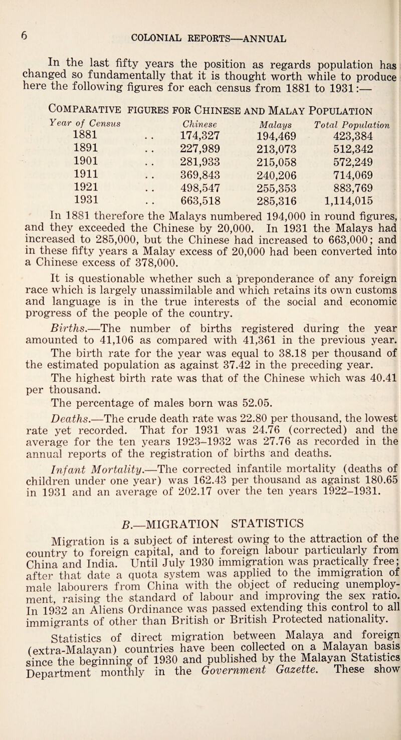 In the last fifty years the position as regards population has changed so fundamentally that it is thought worth while to produce here the following figures for each census from 1881 to 1931:— Comparative figures for Chinese and Malay Population Year of Census Chinese Malays Total Population 1881 174,327 194,469 423,384 1891 227,989 213,073 512,342 1901 281,933 215,058 572,249 1911 369,843 240,206 714,069 1921 498,547 255,353 883,769 1931 663,518 285,316 1,114,015 In 1881 therefore the Malays numbered 194,000 in round figures, and they exceeded the Chinese by 20,000. In 1931 the Malays had increased to 285,000, but the Chinese had increased to 663,000; and in these fifty years a Malay excess of 20,000 had been converted into a Chinese excess of 378,000. It is questionable whether such a preponderance of any foreign race which is largely unassimilable and which retains its own customs and language is in the true interests of the social and economic progress of the people of the country. Births.—The number of births registered during the year amounted to 41,106 as compared with 41,361 in the previous year. The birth rate for the year was equal to 38.18 per thousand of the estimated population as against 37.42 in the preceding year. The highest birth rate was that of the Chinese which was 40.41 per thousand. The percentage of males born was 52.05. Deaths.—The crude death rate was 22.80 per thousand, the lowest rate yet recorded. That for 1931 was 24.76 (corrected) and the average for the ten years 1923-1932 was 27.76 as recorded in the annual reports of the registration of births and deaths. Infant Mortality.—The corrected infantile mortality (deaths of children under one year) was 162.43 per thousand as against 180.65 in 1931 and an average of 202.17 over the ten years 1922-1931. B.—MIGRATION STATISTICS Migration is a subject of interest owing to the attraction of the country to foreign capital, and to foreign labour particularly from China and India. Until July 1930 immigration was practically free; after that date a quota system was applied to the immigration of male labourers from China with the object of reducing unemploy¬ ment, raising the standard of labour and improving the sex ratio. In 1932 an Aliens Ordinance was passed extending this control to all immigrants of other than British or British Protected nationality. Statistics of direct migration between Malaya and foreign (extra-Malayan) countries have been collected on a Malayan basis since the beginning of 1930 and published by the Malayan Statistics Department monthly in the Government Gazette. These show