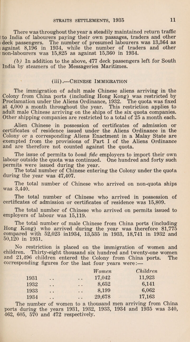 There was throughout the year a steadily maintained return traffic to India of labourers paying their own passages, traders and other deck passengers. The number of presumed labourers was 13,364 as against 8,196 in 1934, while the number of traders and other non-labourers was 15,825 as against 15,360 in 1934. (b) In addition to the above, 477 deck passengers left for South India by steamers of the Messageries Maritimes. (iii).—Chinese Immigration The immigration of adult male Chinese aliens arriving in the Colony from China ports (including Hong Kong) was restricted by Proclamation under the Aliens Ordinance, 1932. The quota was fixed at 4,000 a month throughout the year. This restriction applies to adult male Chinese arriving on the ships of the six quota companies. Other shipping companies are restricted to a total of 25 a month each. Alien Chinese in possession of certificates of admission or certificates of residence issued under the Aliens Ordinance in the Colony or a corresponding Aliens Enactment in a Malay State are exempted from the provisions of Part I of the Aliens Ordinance and are therefore not counted against the quota. The issue of permits to bona fide employers to import their own labour outside the quota was continued. One hundred and forty such permits were issued during the year. The total number of Chinese entering the Colony under the quota during the year was 47,407. The total number of Chinese who arrived on non-quota ships was 3,440. The total number of Chinese who arrived in possession of certificates of admission or certificates of residence was 15,809. The total number of Chinese who arrived on permits issued to employers of labour was 15,119. The total number of male Chinese from China ports (including Hong Kong) who arrived during the year was therefore 81,775 compared with 52,023 inl934, 13,535 in 1933, 18,741 in 1932 and 50,120 in 1931. No restriction is placed on the immigration of women and children. Thirty-eight thousand six hundred and twenty-one women and 21,496 children entered the Colony from China ports. The corresponding figures for the last four years were:— Women Children 1931 • • 17,042 11,923 1932 • • 8,652 6,141 1933 • • 8,199 6,062 1934 • • 29,678 17,163 The number of women to a thousand men arriving from China ports during the years 1931, 1932, 1933, 1934 and 1935 was 340, 462, 605, 570 and 472 respectively.